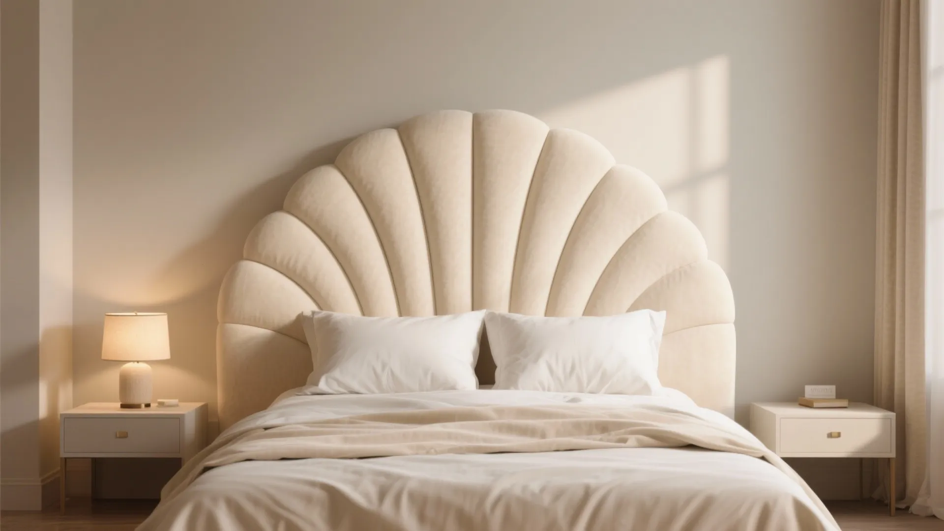 Curved cream upholstered headboard in a compact bedroom with warm layered bedding