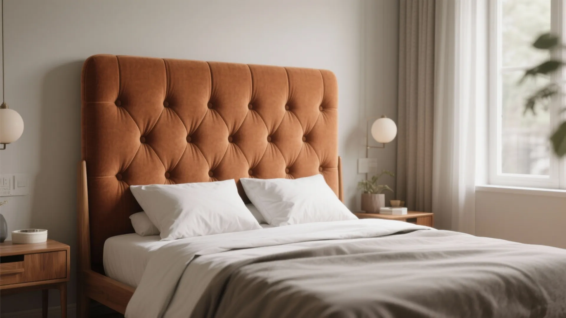 Small bedroom with a bold upholstered headboard creating a focal point