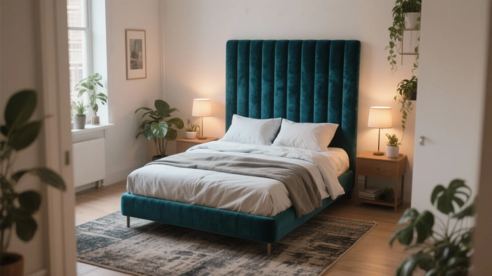 Rental bedroom with a deep teal velvet headboard, warm bedside lamps and light bedding to balance the room.