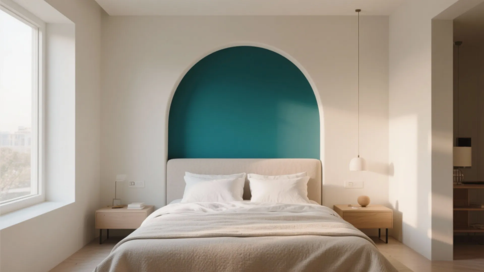Minimalist bedroom with a teal arched wall feature behind the bed and natural sunlight windows