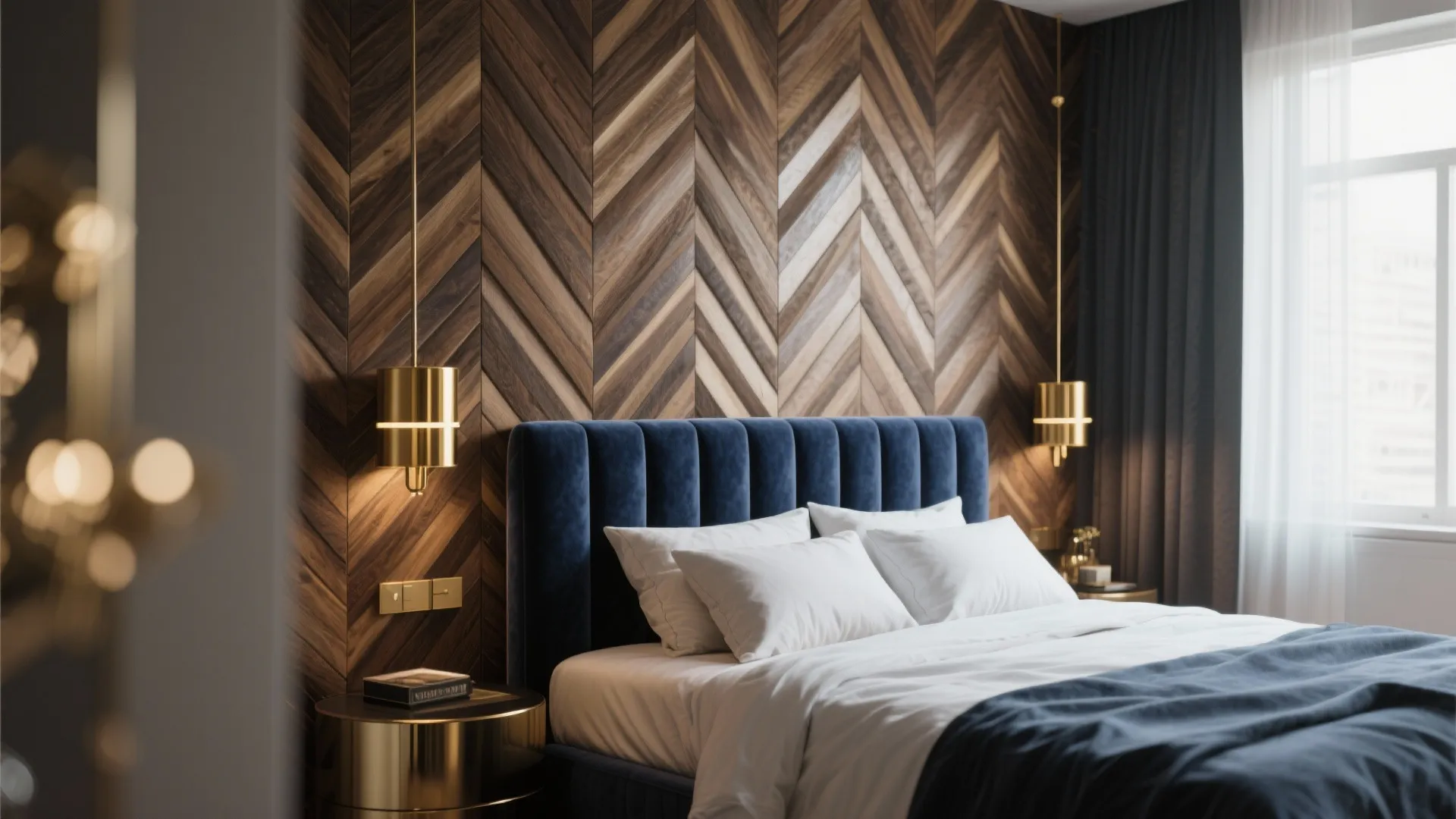 Bold statement headboard wall in a luxurious small bedroom