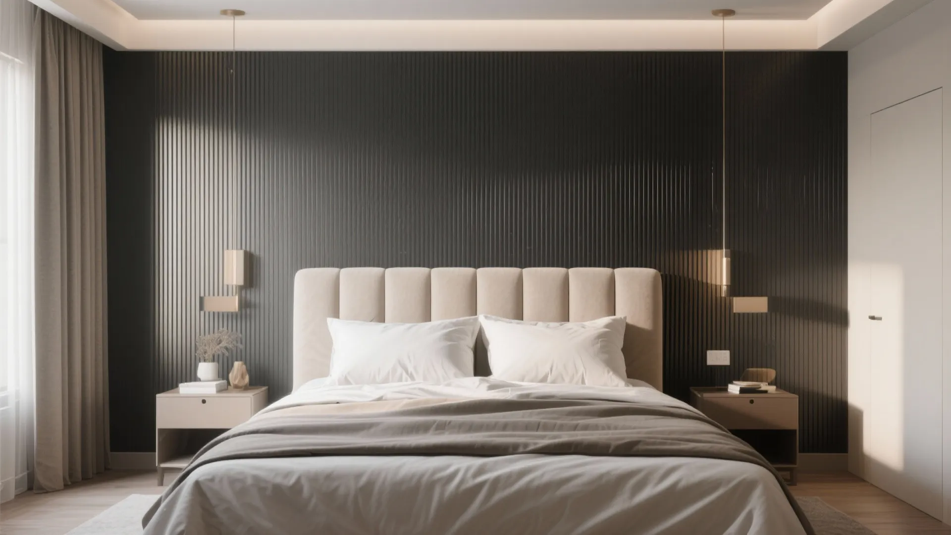 Bedroom with dark wall panel behind beige bed headboard and two hanging light fixtures above