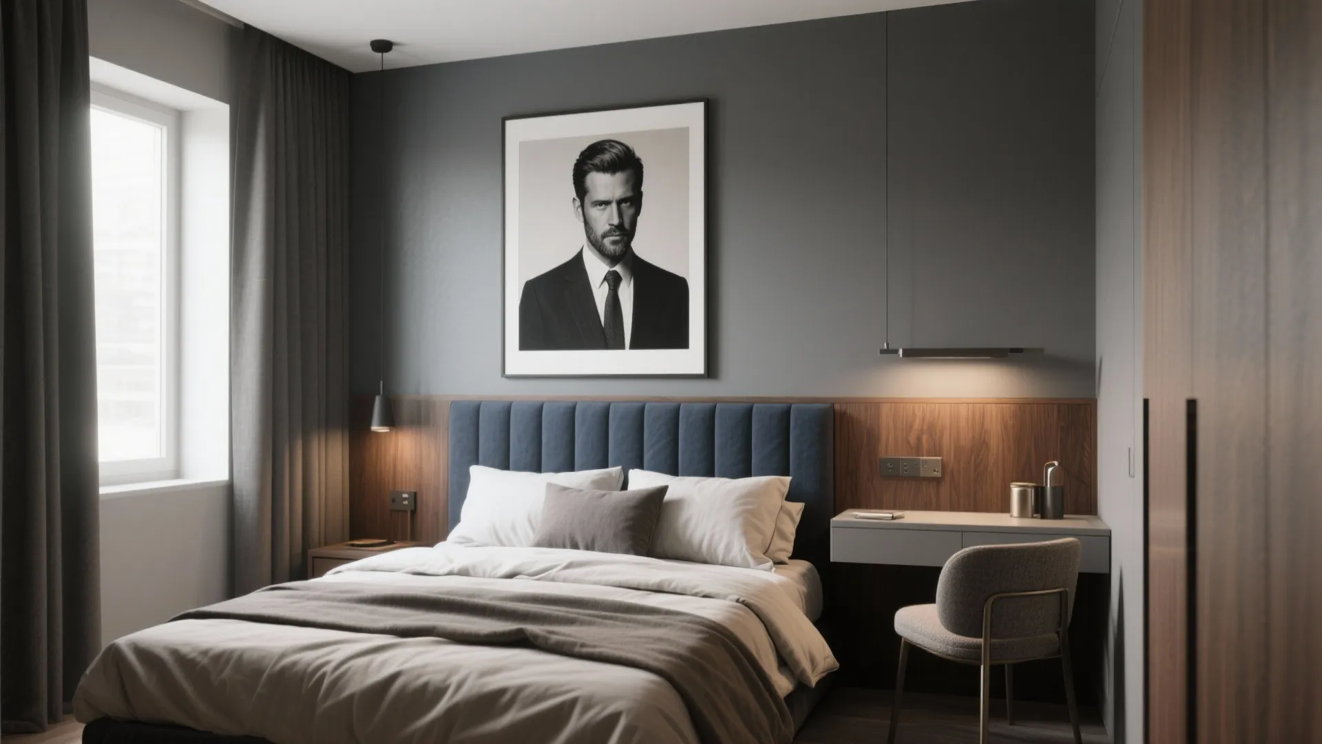 Modern bedroom with blue headboard large portrait grey walls small desk chair and warm light fixture
