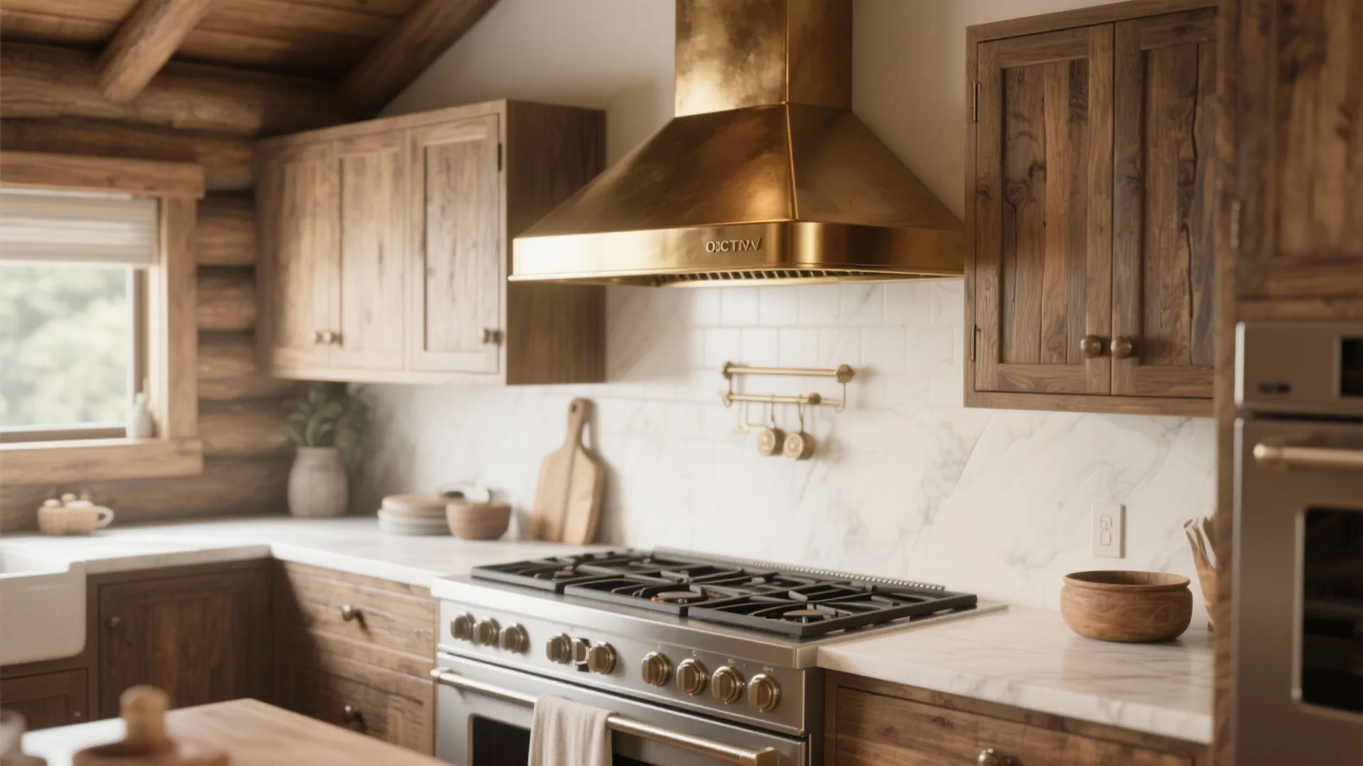 Modern kitchen with large gold vent hood over silver gas stove and wooden wall cabinets