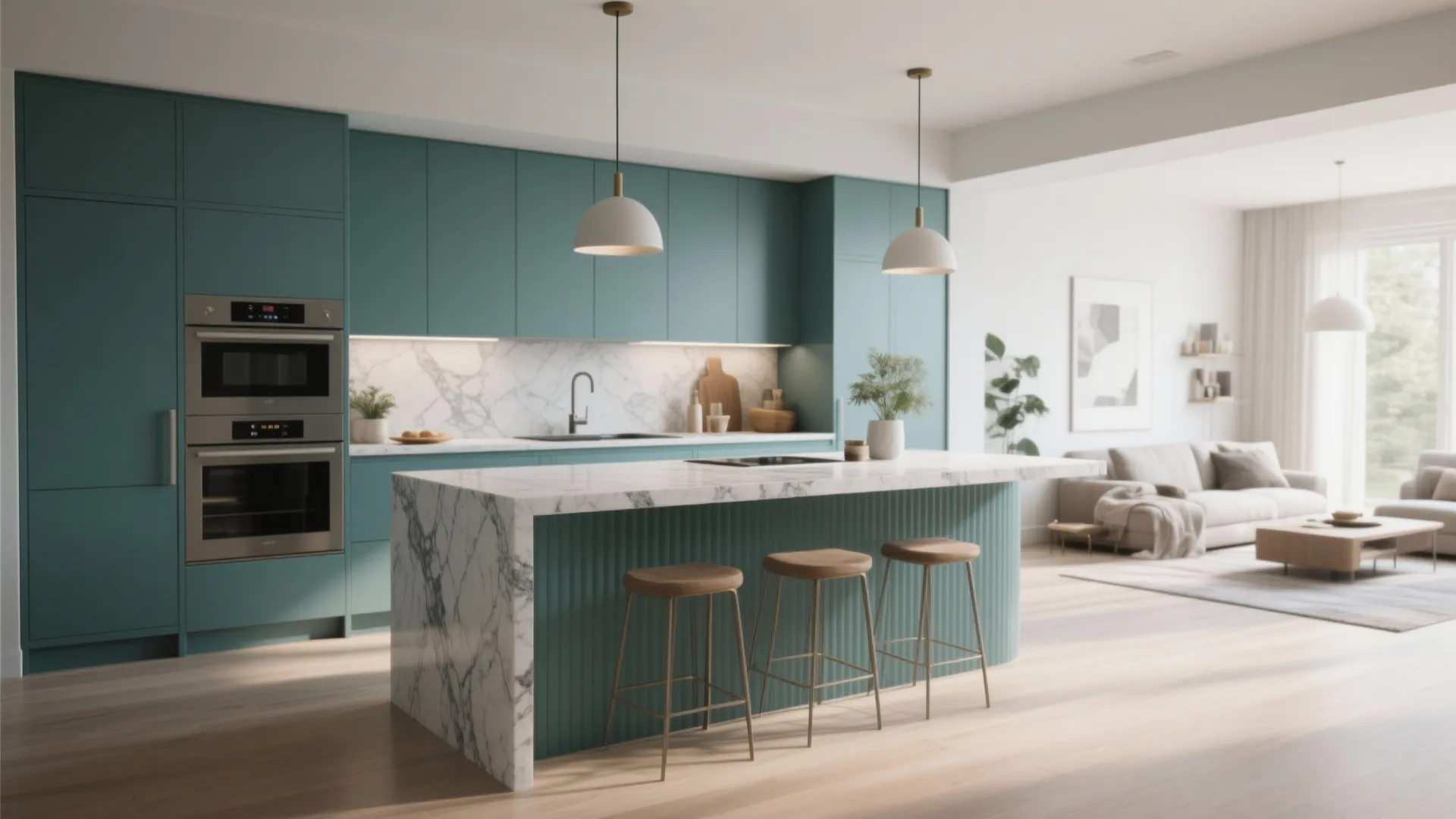 Modern kitchen with statement waterfall island in open layout