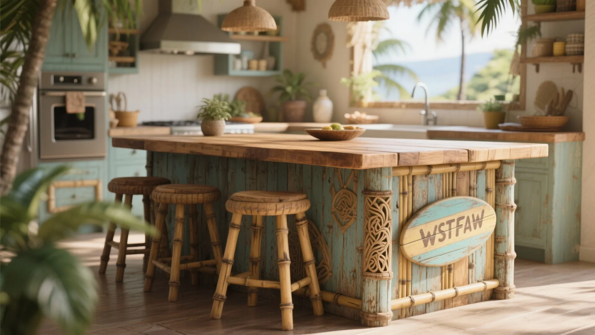 Tropical style kitchen island with wooden counter three bamboo bar stools and blue distressed wood finish
