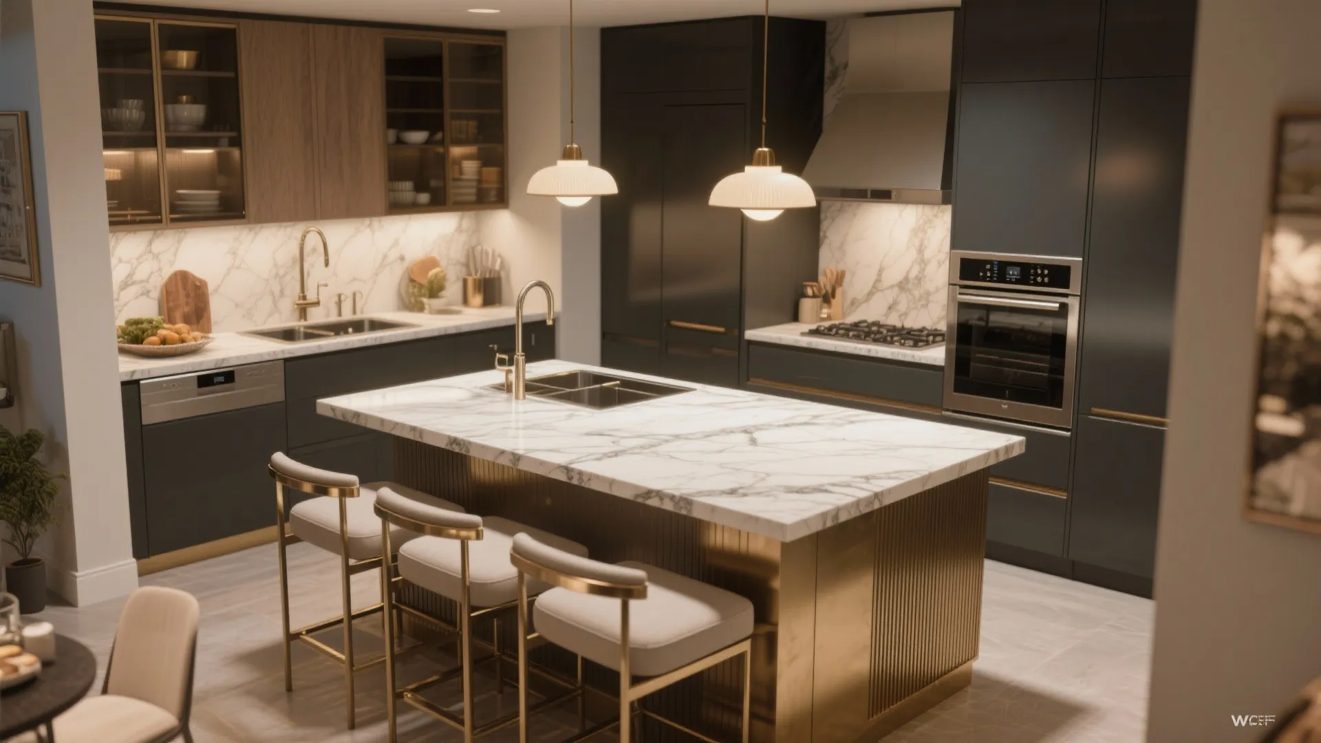 Statement island with luxe materials and practical zoning