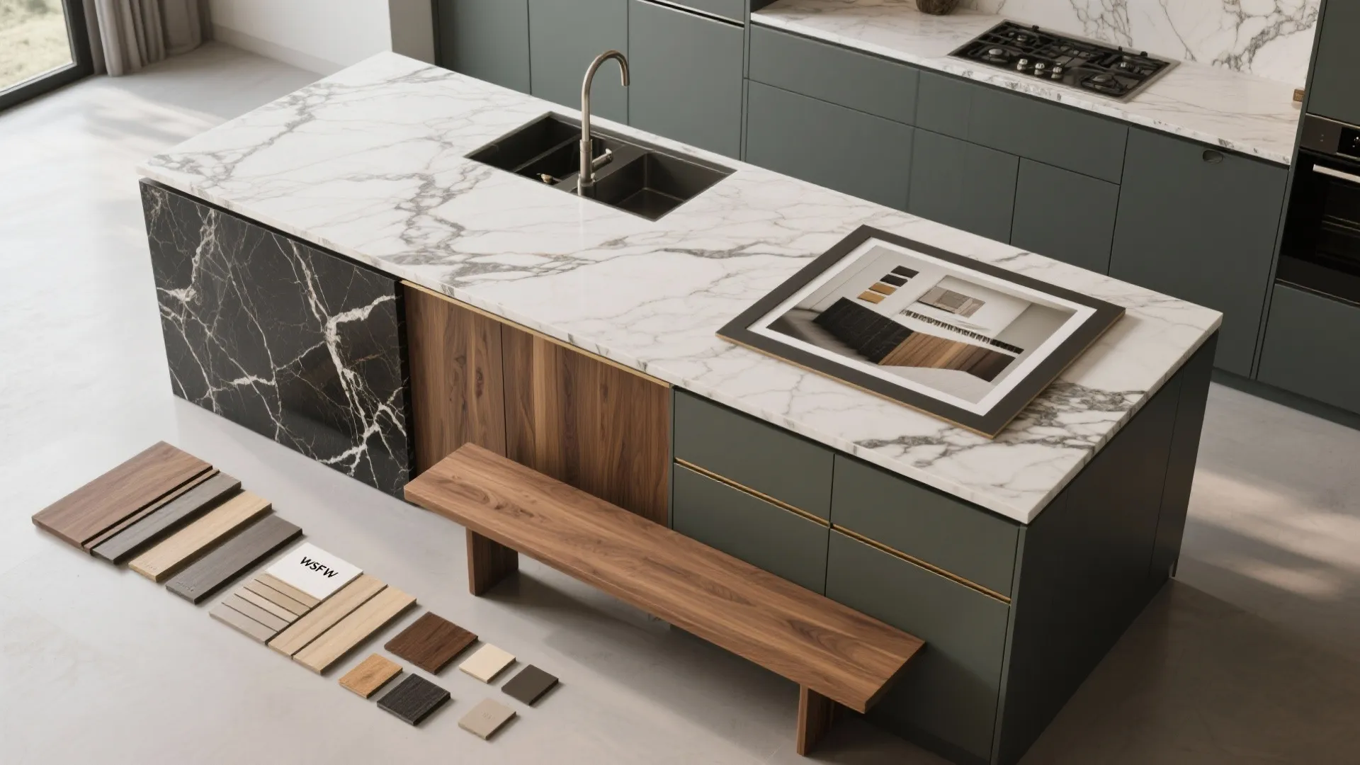 5. Statement island with mixed materials and photo‑realistic renders