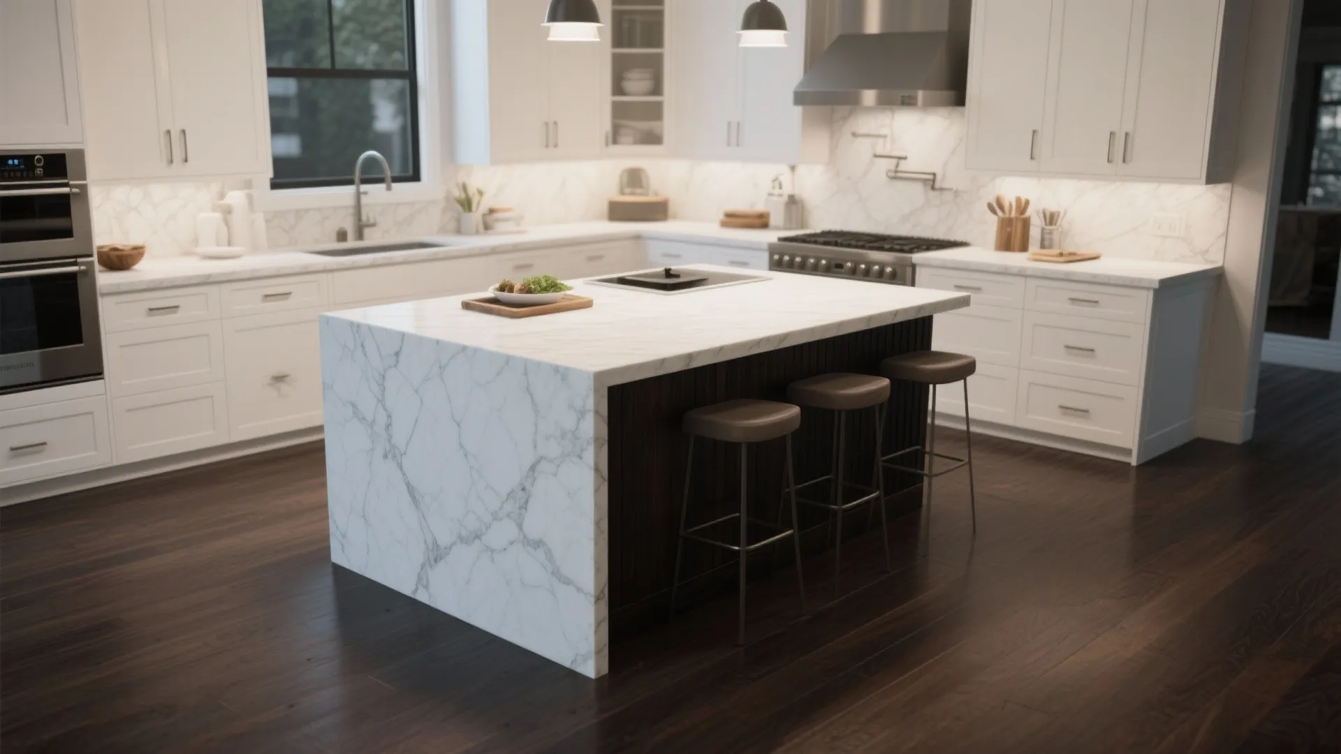 Modern white kitchen with large marble island dark wood floor bar stools and white wall cabinets