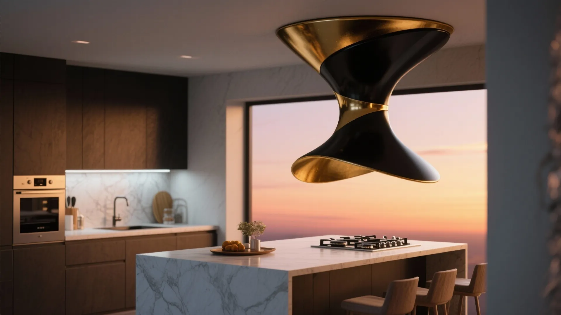 Artistic matte black and brass range hood above a small kitchen island