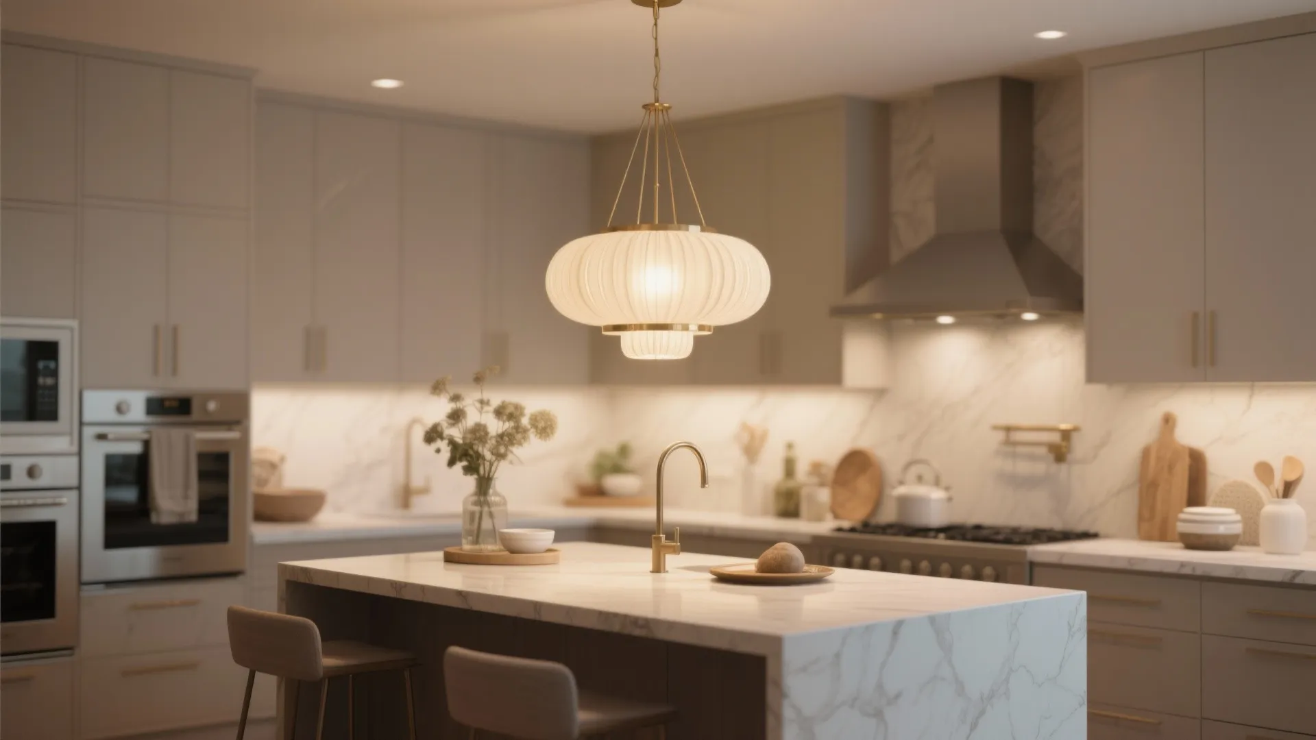 Modern kitchen with large white ceiling light over a marble island with gold water faucet