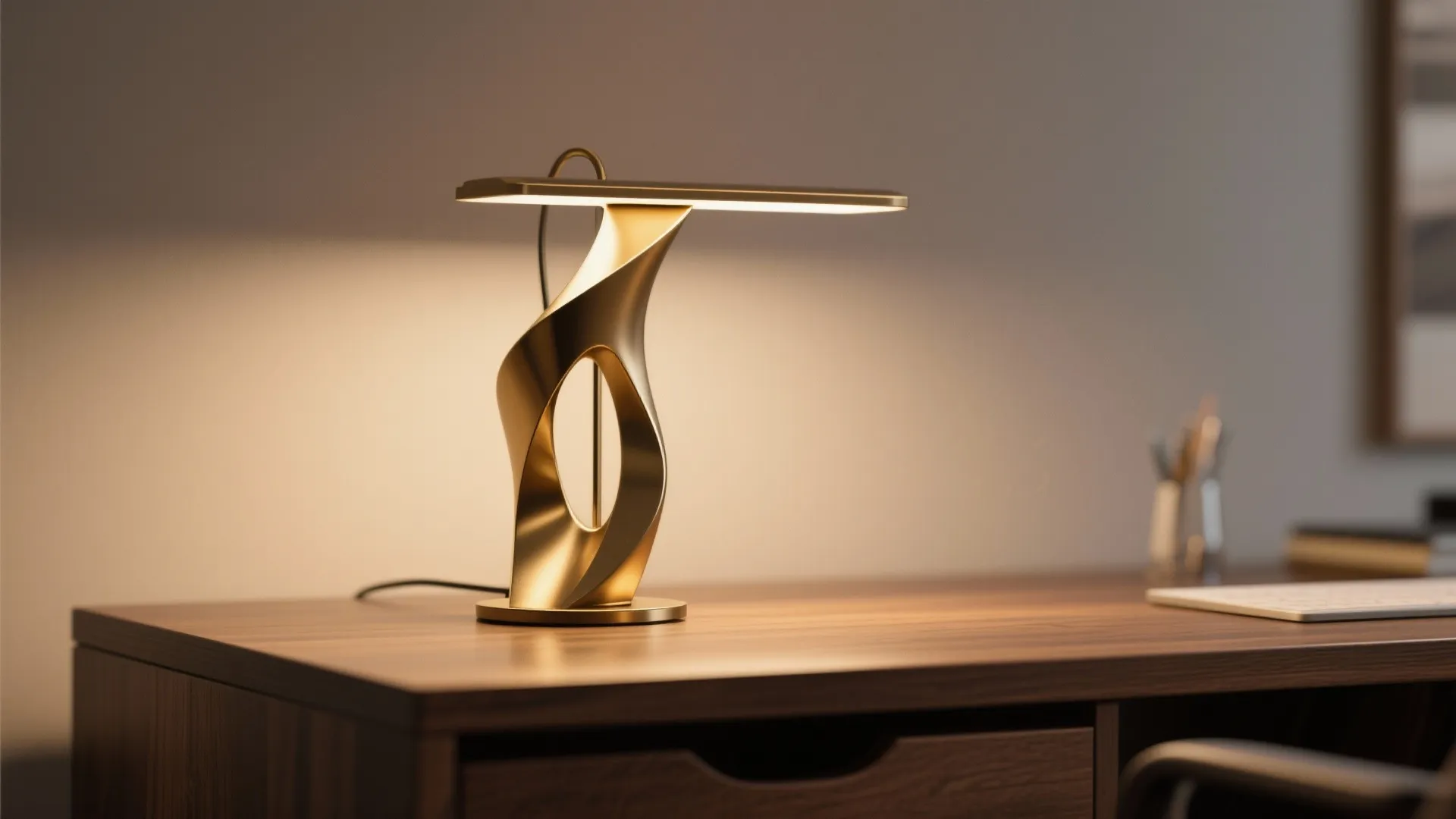 Modern gold desk lamp with unique curved shape sitting on a dark wood office study desk