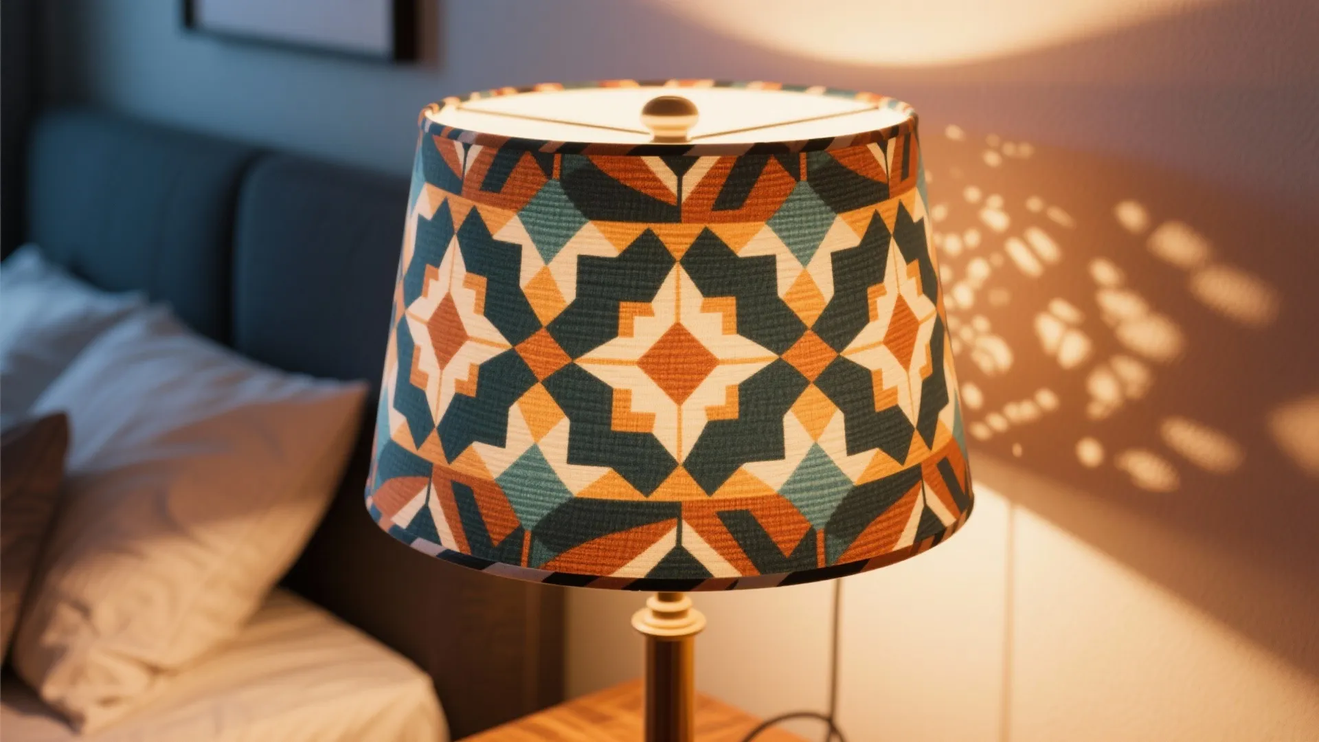 Table lamp with colorful geometric pattern shade on a wooden bedside table in a bedroom
