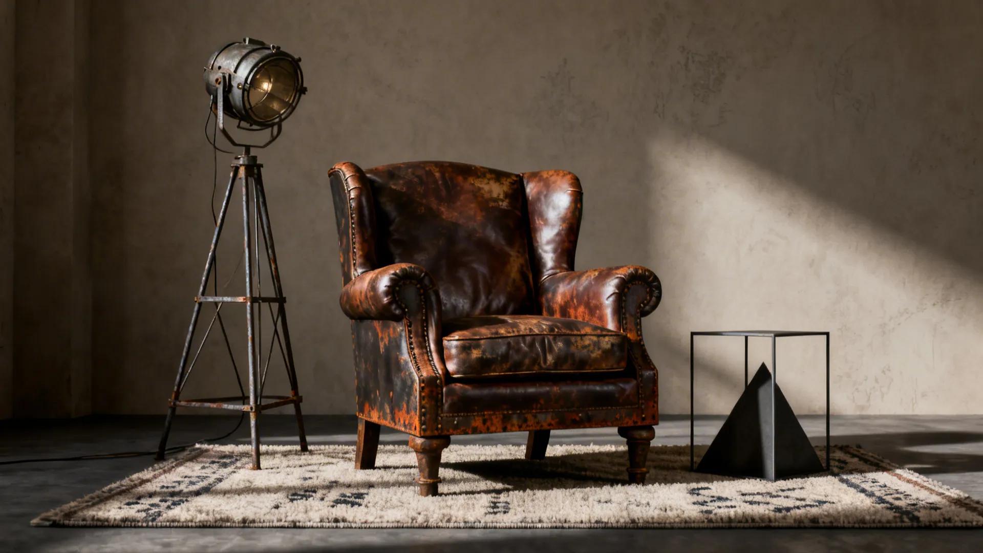 Vintage brown leather chair on rug with floor light fixture and black metal side table