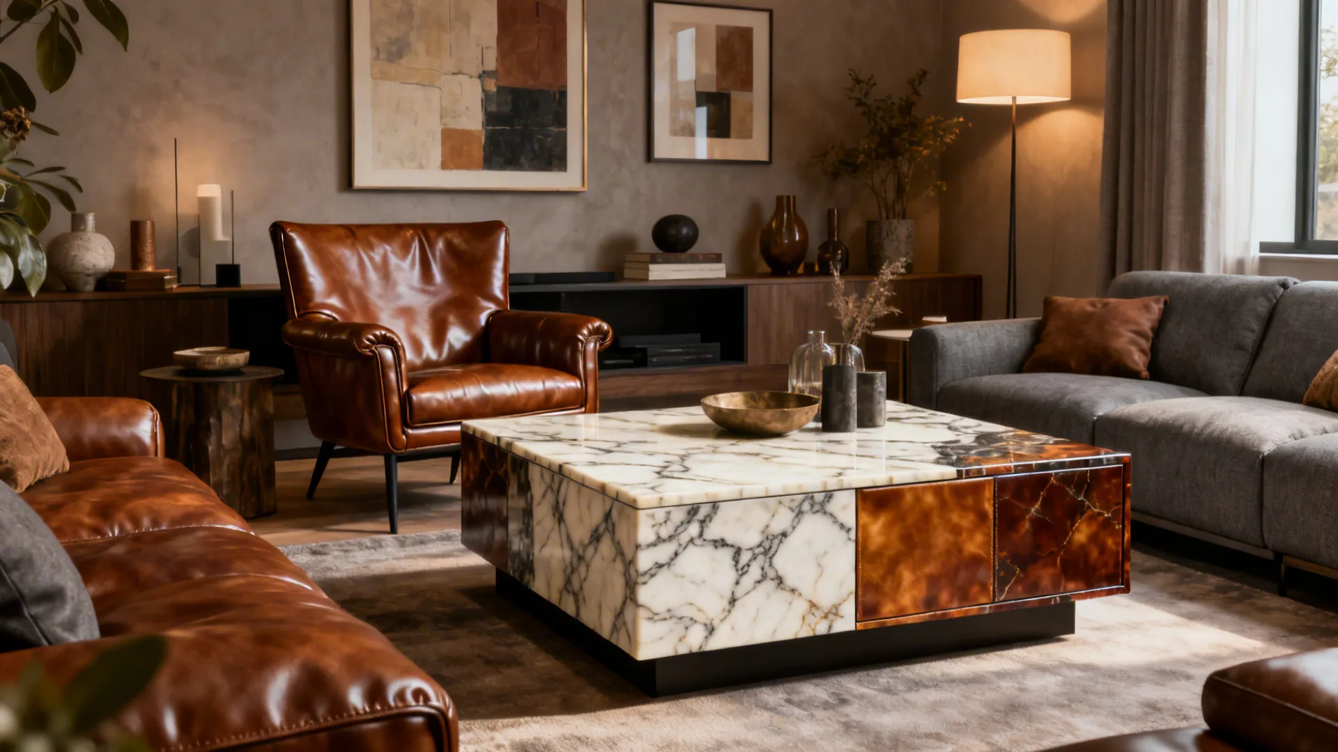 Statement marbled leather armchair unifying multiple leather tones in a small living room.