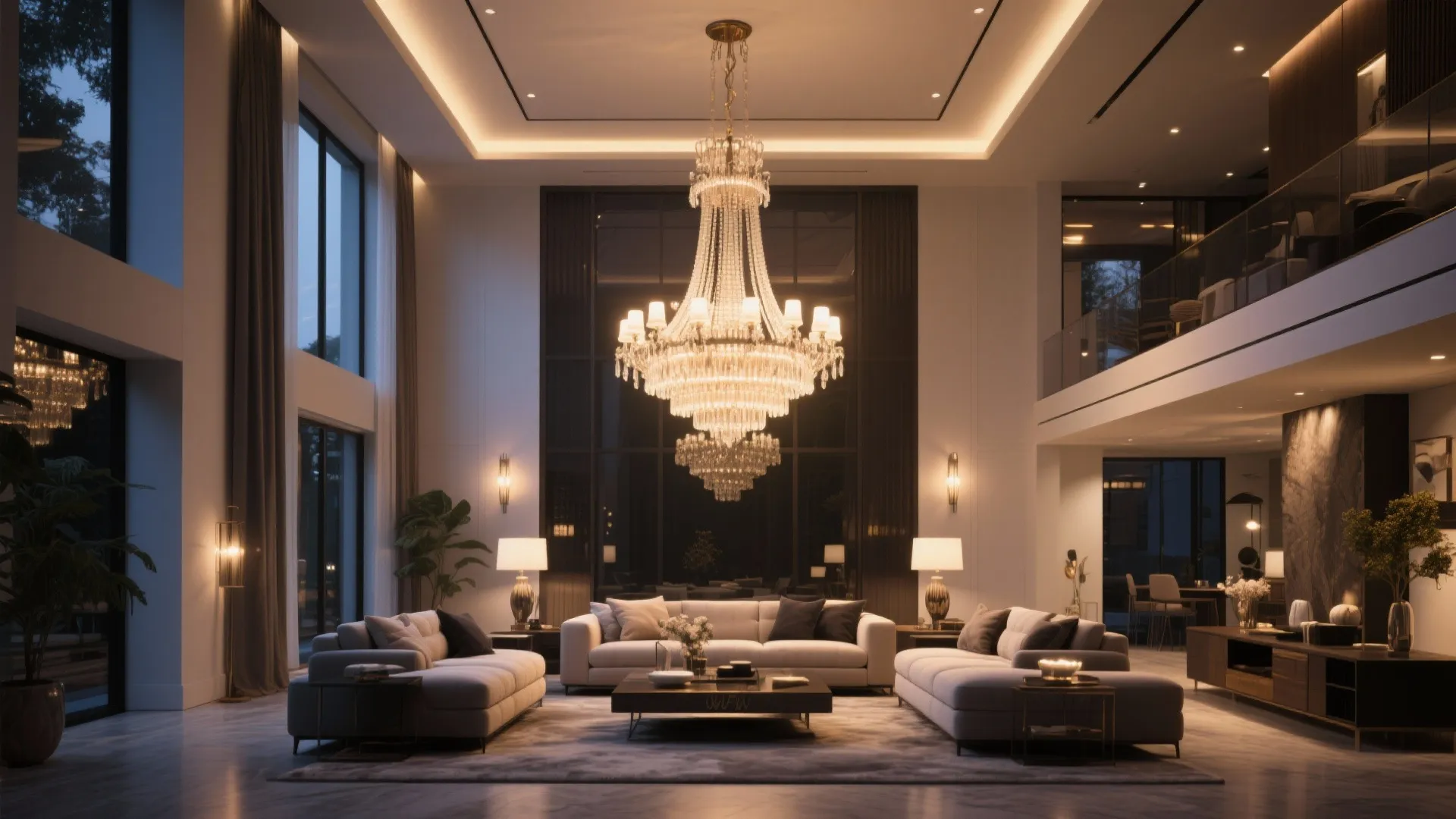 Luxury living room with large crystal ceiling light white sofas grey carpet and high glass windows
