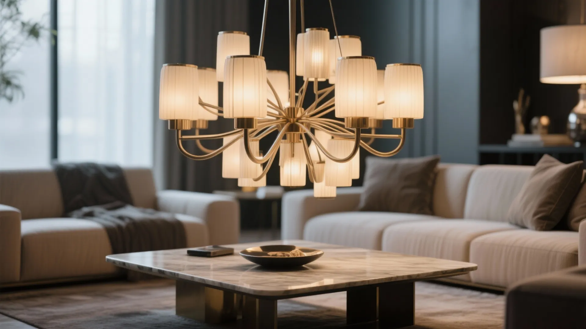 Modern ceiling light hanging over a marble coffee table in a contemporary grey living room