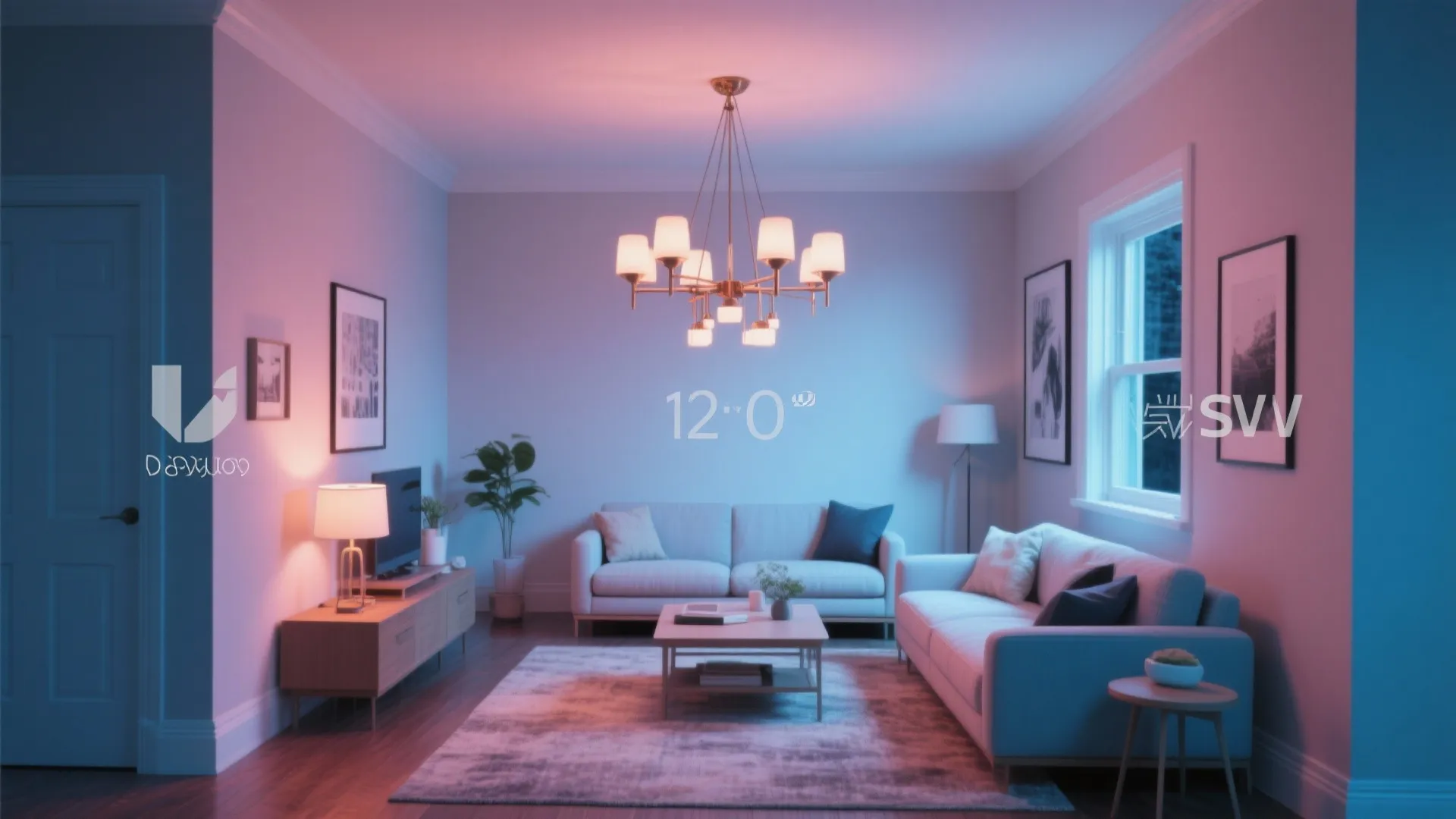 Modern living room with sofas, coffee table, rug, wall art, and a warm glowing ceiling light