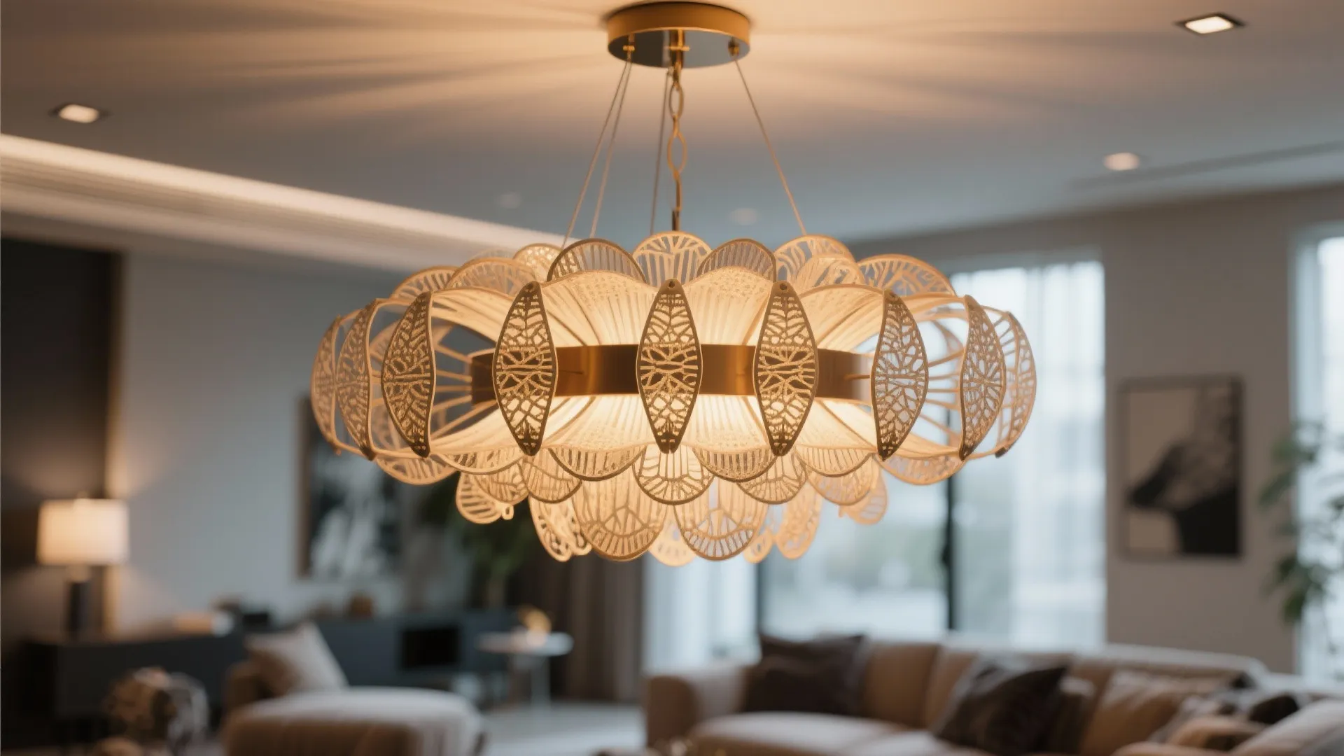 Elegant white decorative ceiling light with complex patterns hanging in a modern living room interior design