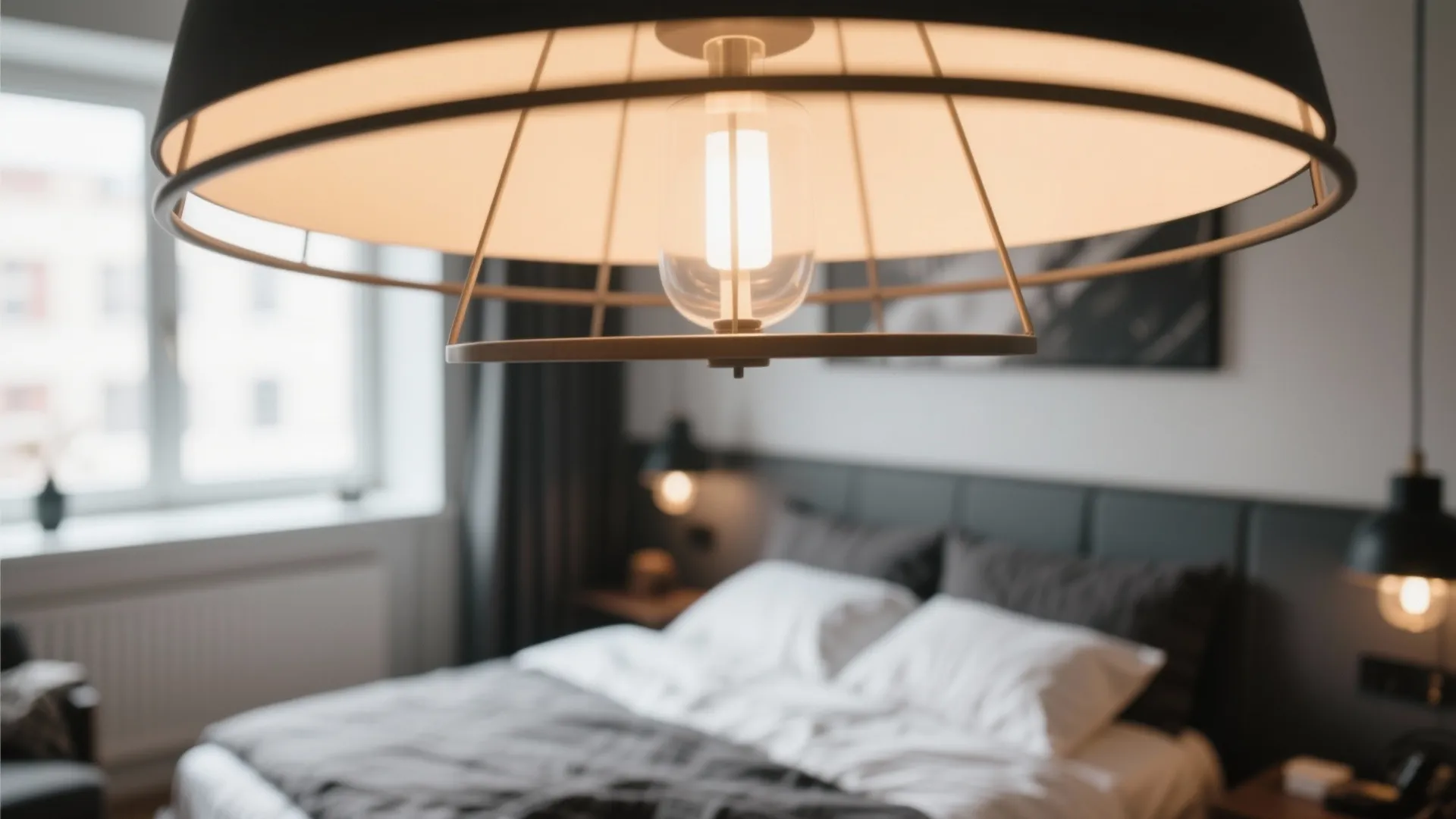 Close up of a modern ceiling light fixture with a blurry bedroom in the background