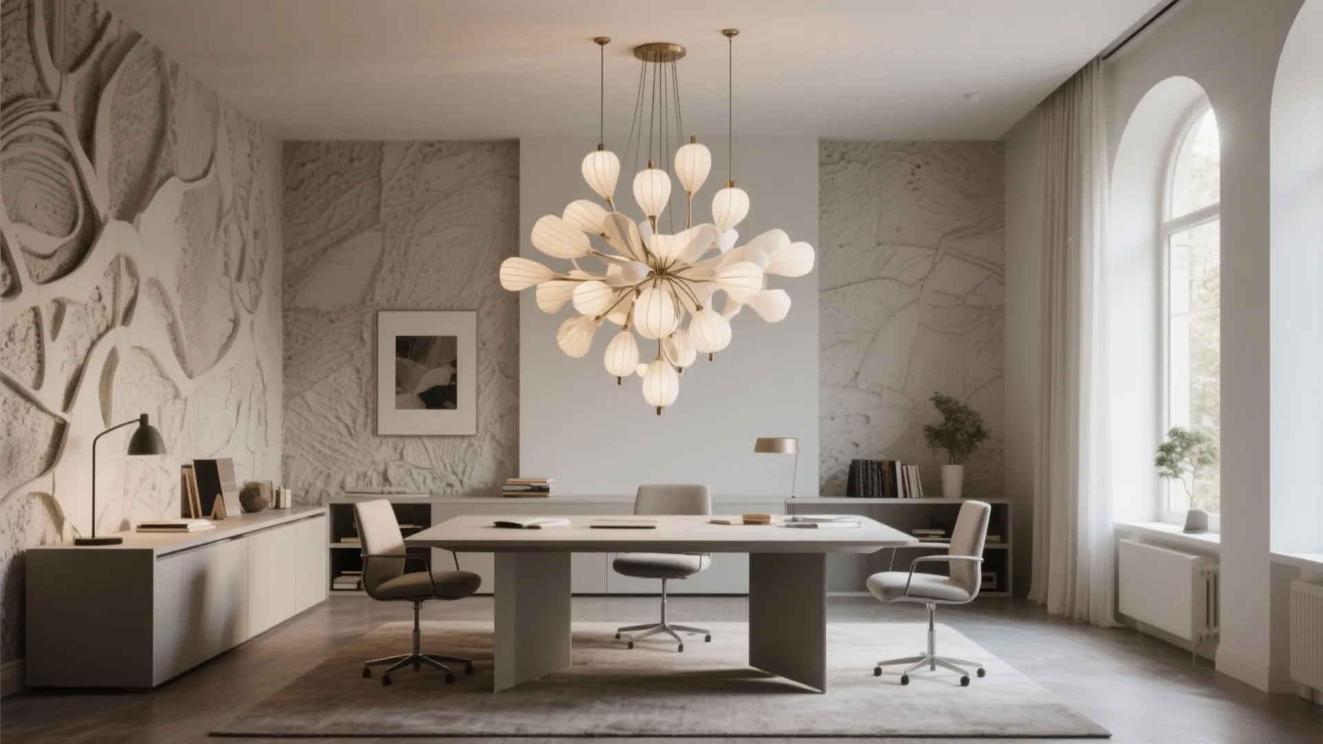 Modern meeting room with large white ceiling light wooden table grey chairs and textured wall panels