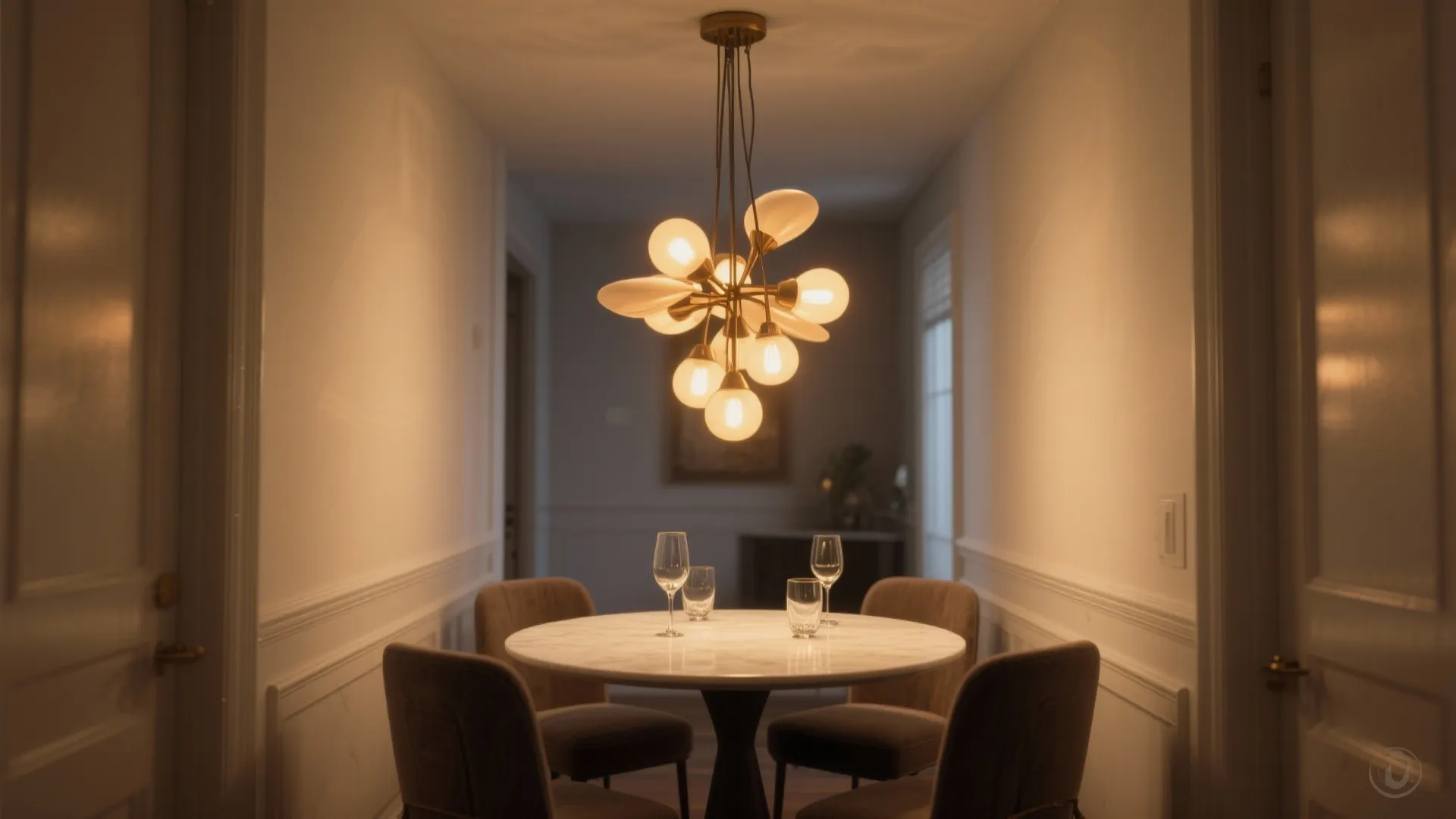 Elegant dining space featuring marble table, brown chairs, and large modern glowing golden ceiling light