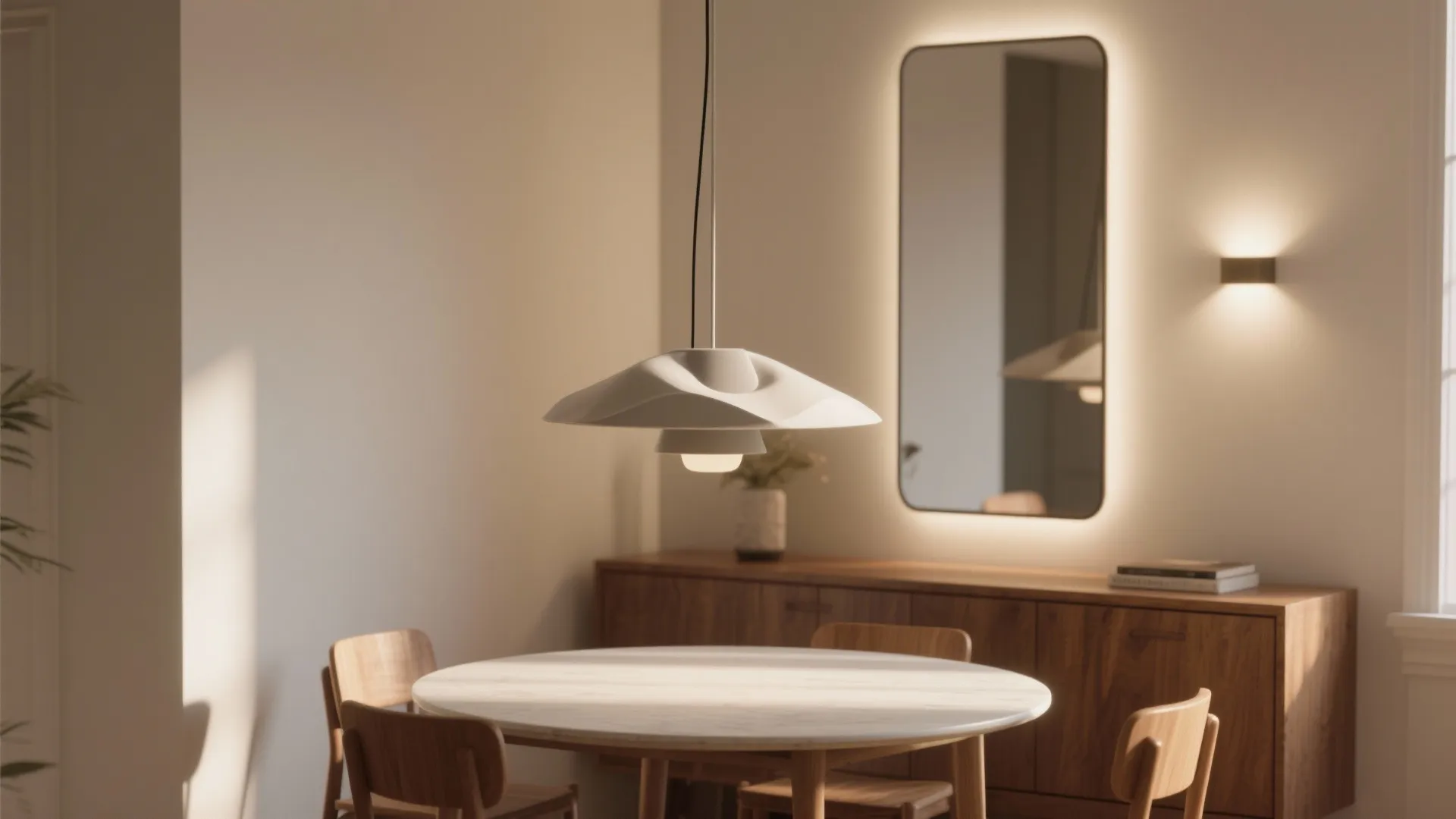 Modern dining area featuring a white ceiling light above a round table and wooden cabinet