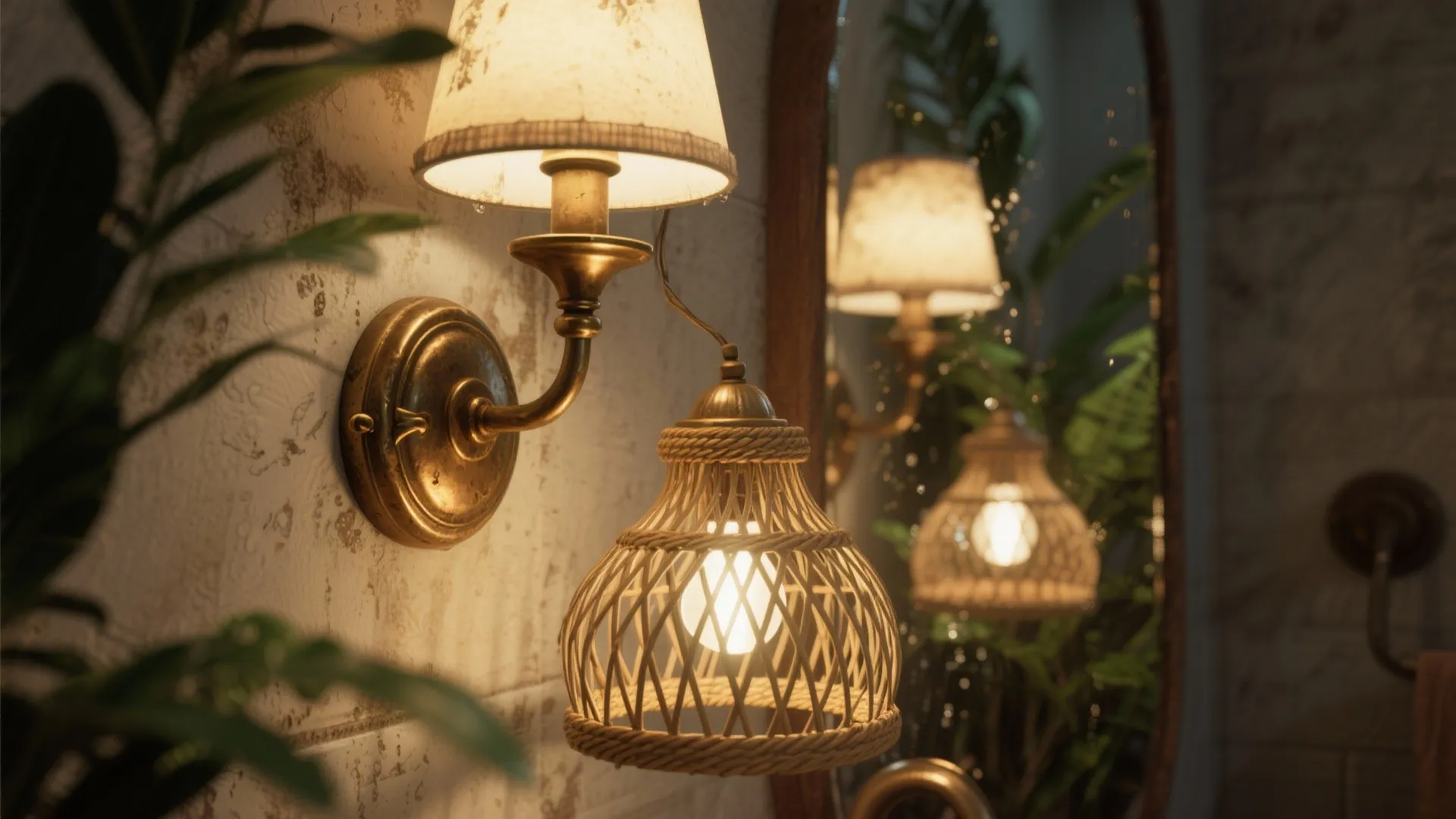 Close-up of an aged brass sconce and rattan pendant reflecting greenery in a bathroom mirror with warm light.