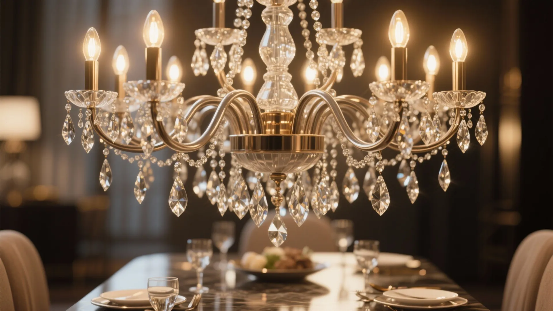 Elegant crystal ceiling light hanging above a dining table with plates and warm indoor lighting