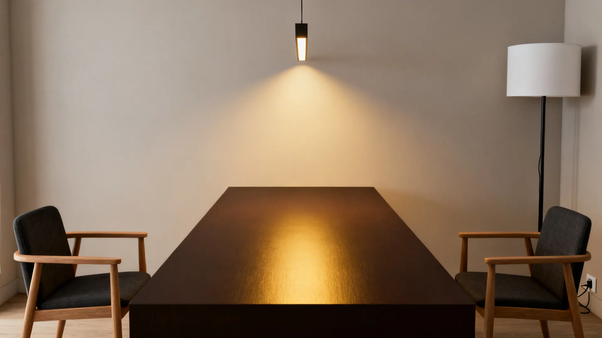 Narrow dark brown table lit by a slim linear pendant, creating a defined dining zone.