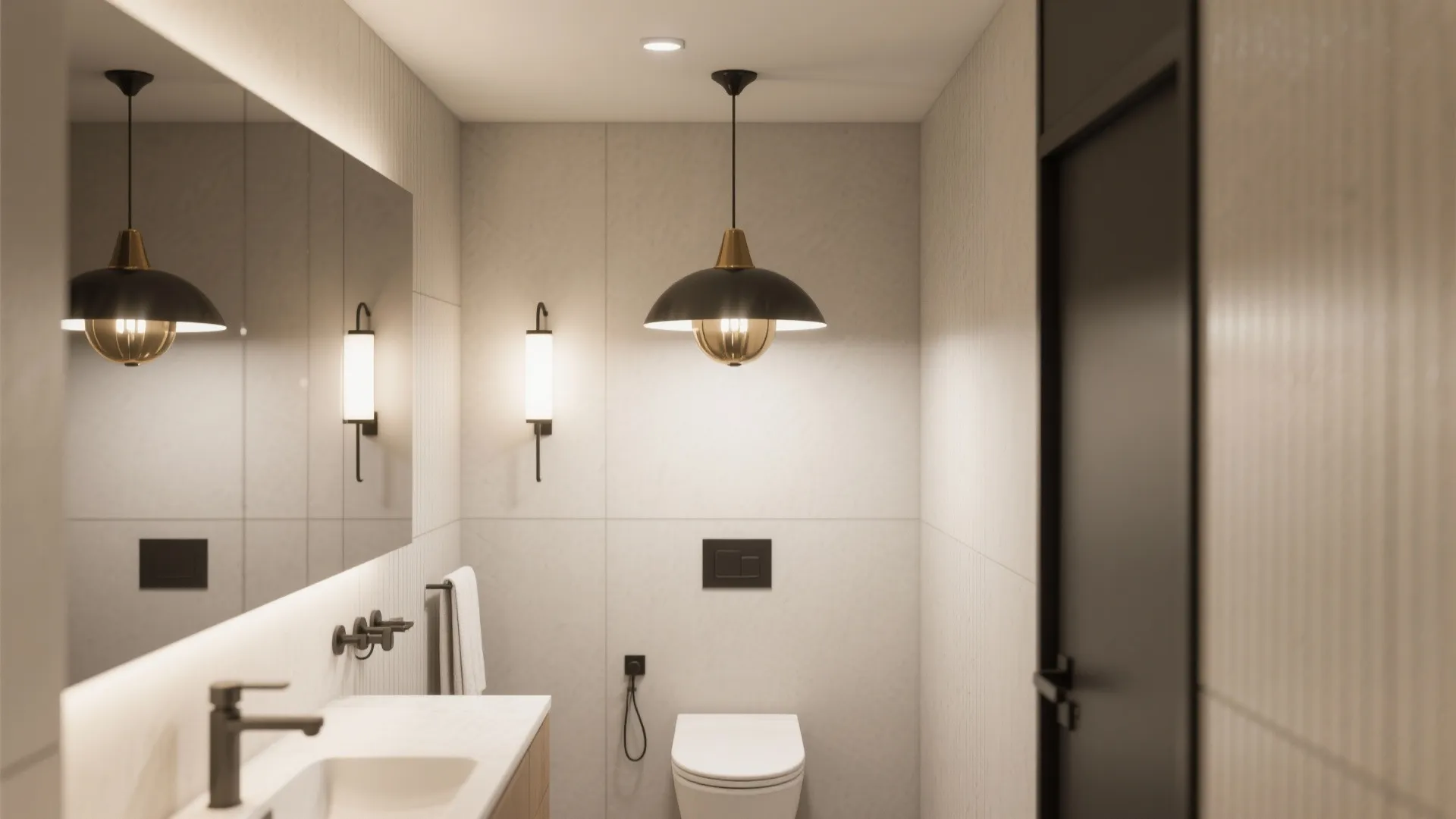 Small bathroom with a stylish pendant light and wall sconces