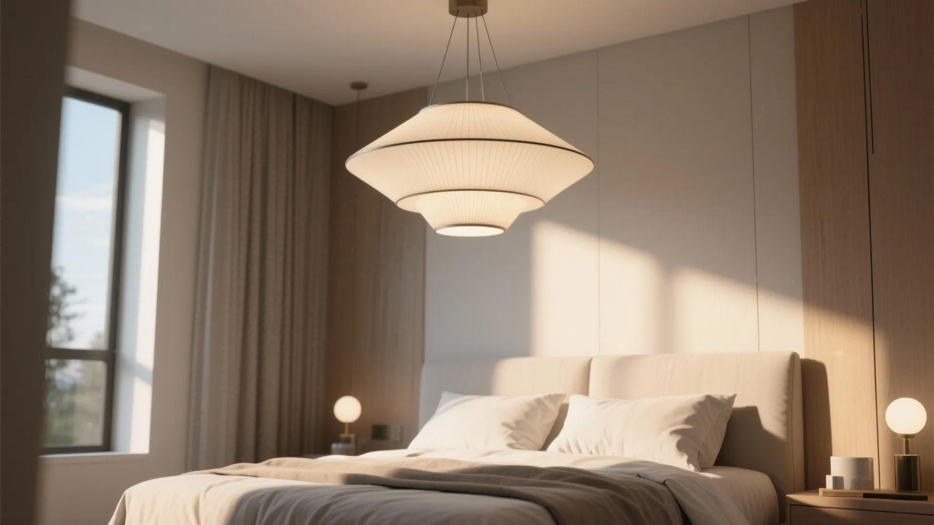 Modern bedroom with large white ceiling light hanging above soft bed pillows and warm light