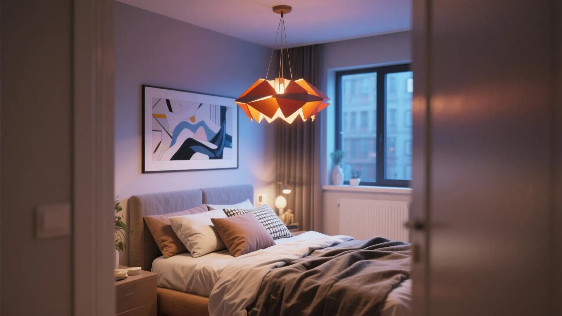 Cozy bedroom with orange geometric ceiling light grey bed colorful pillows and framed art wall