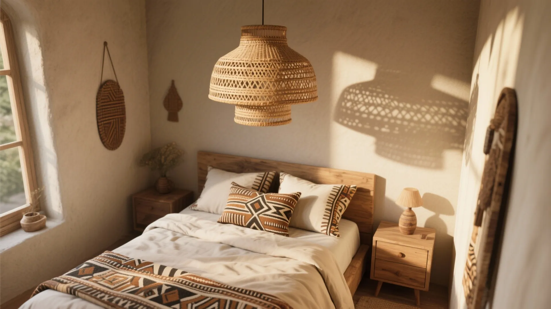 Bedroom with woven pendant light casting warm African-inspired shadows