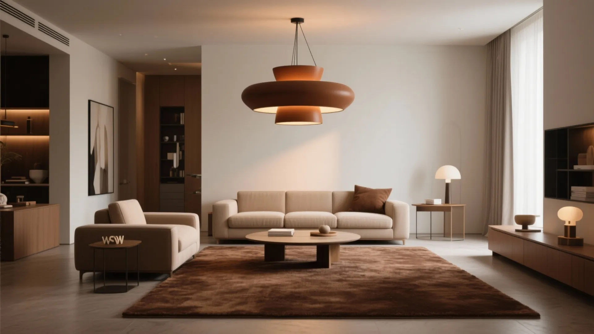 Minimalist living room with large brown ceiling light beige sofa and round wooden coffee table