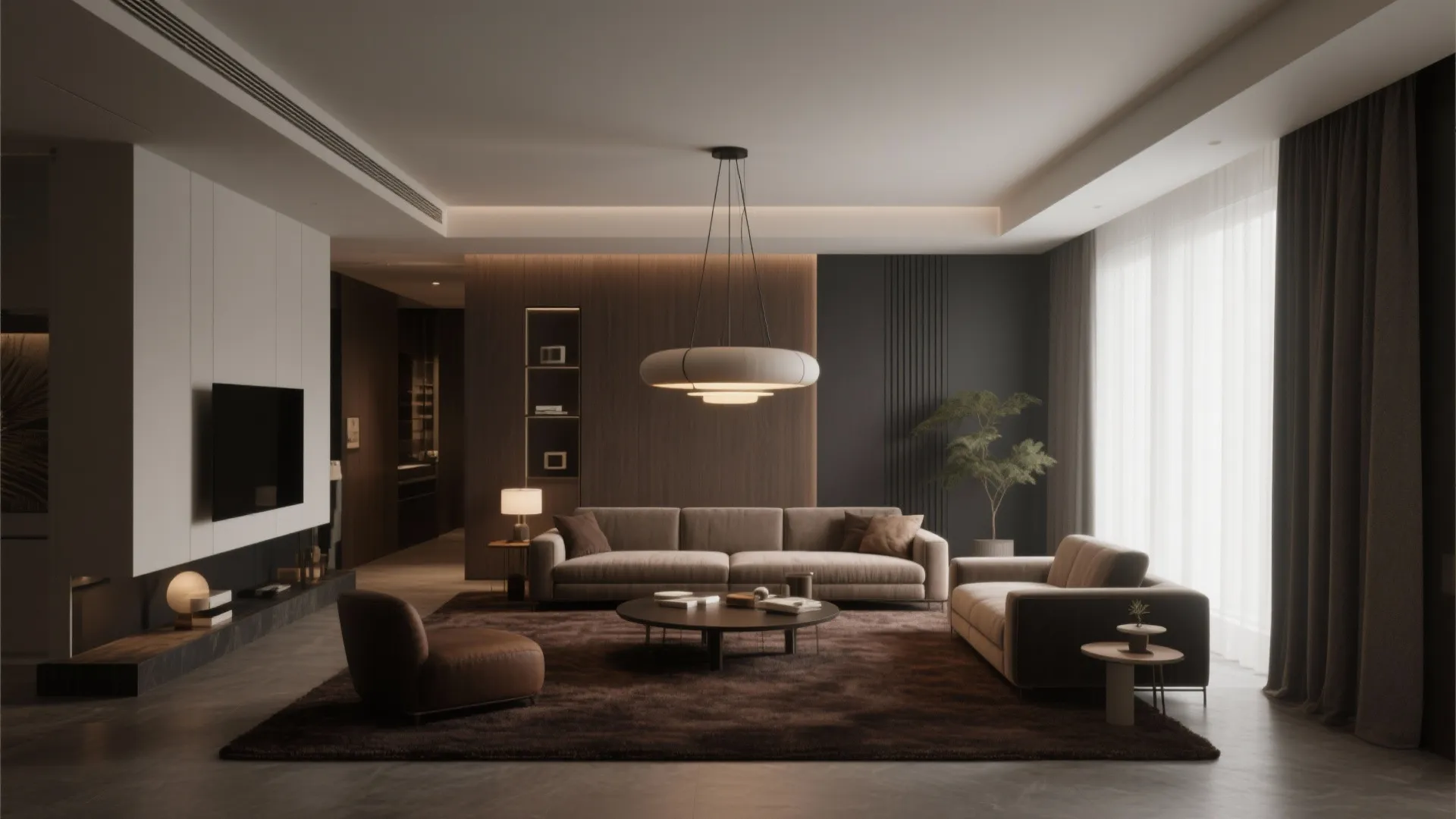 Brown carpet with dramatic statement pendant lighting