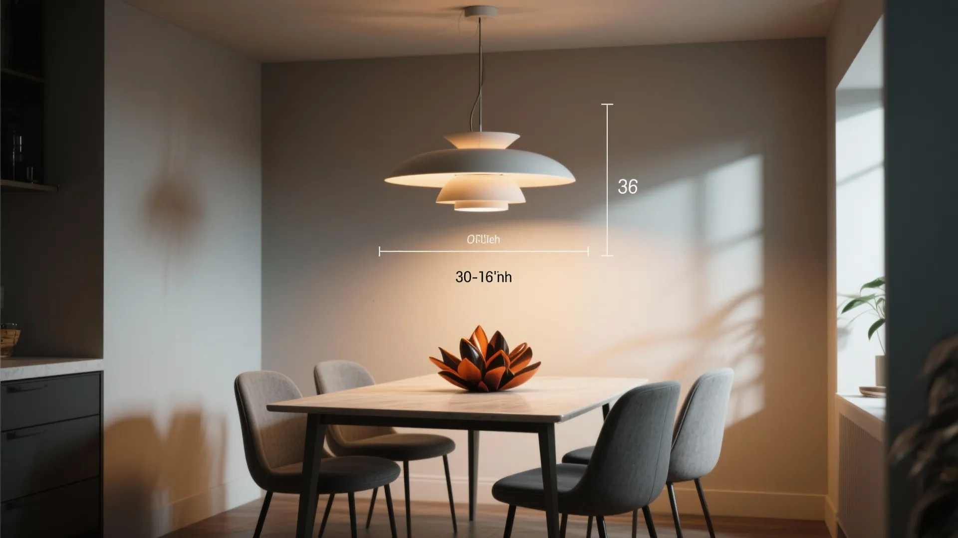 Modern dining room with white ceiling light over a wooden table and grey fabric chairs