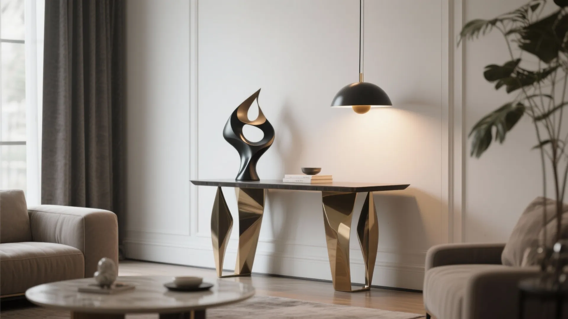 Console table with sculptural pendant light above
