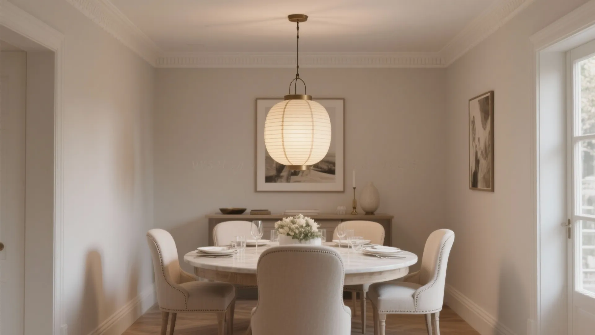 Round marble dining table with four upholstered chairs under a large glowing paper ceiling light