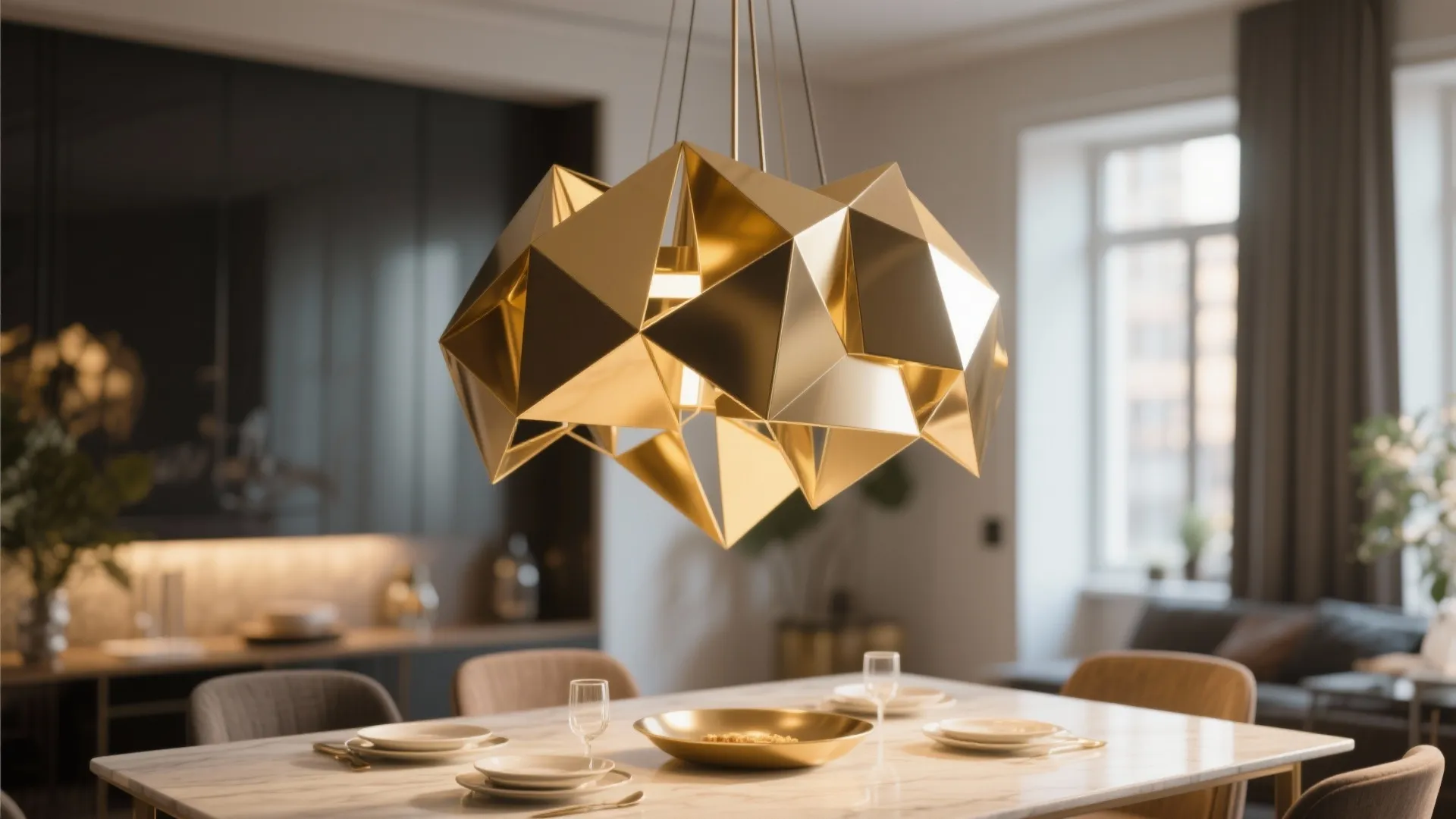 Modern dining room featuring a large gold geometric ceiling light above a white marble table