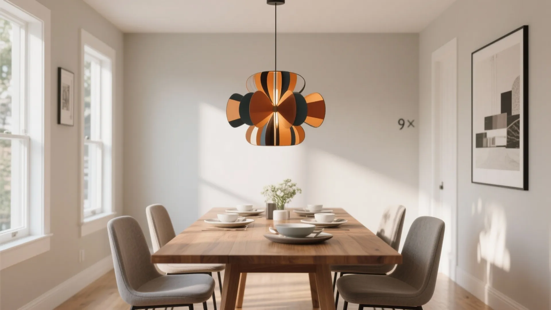 Wooden dining table with grey chairs and a unique orange and black ceiling light above
