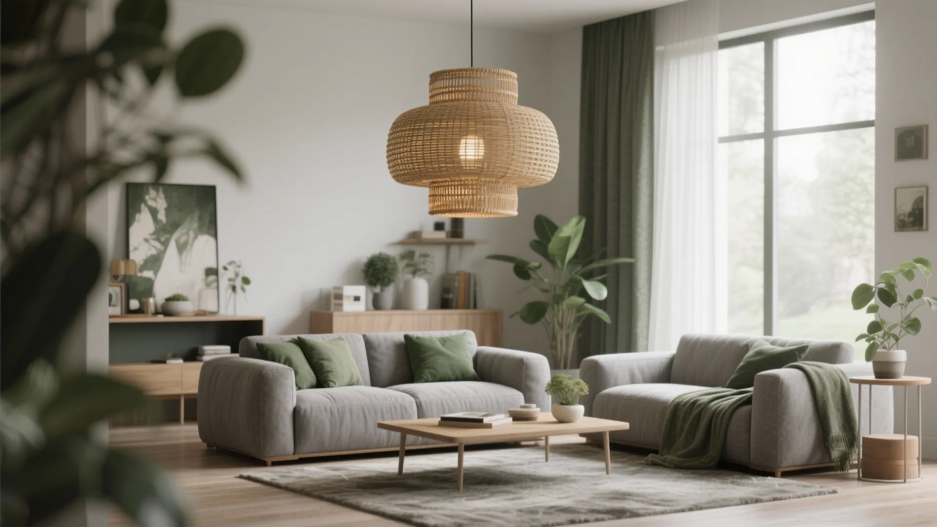 10. Statement Lighting over Gray and Green Scheme