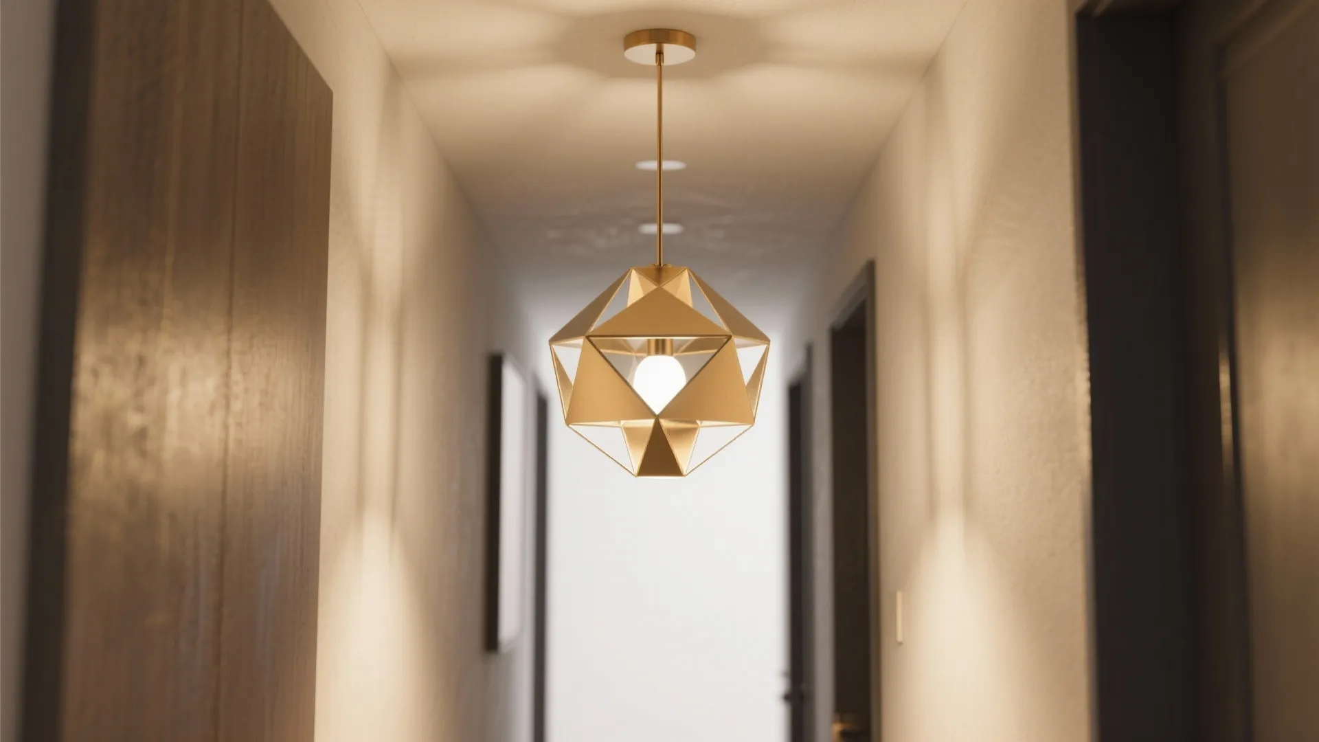 Modern gold geometric ceiling light hanging in a narrow hallway with wooden doors and shadows