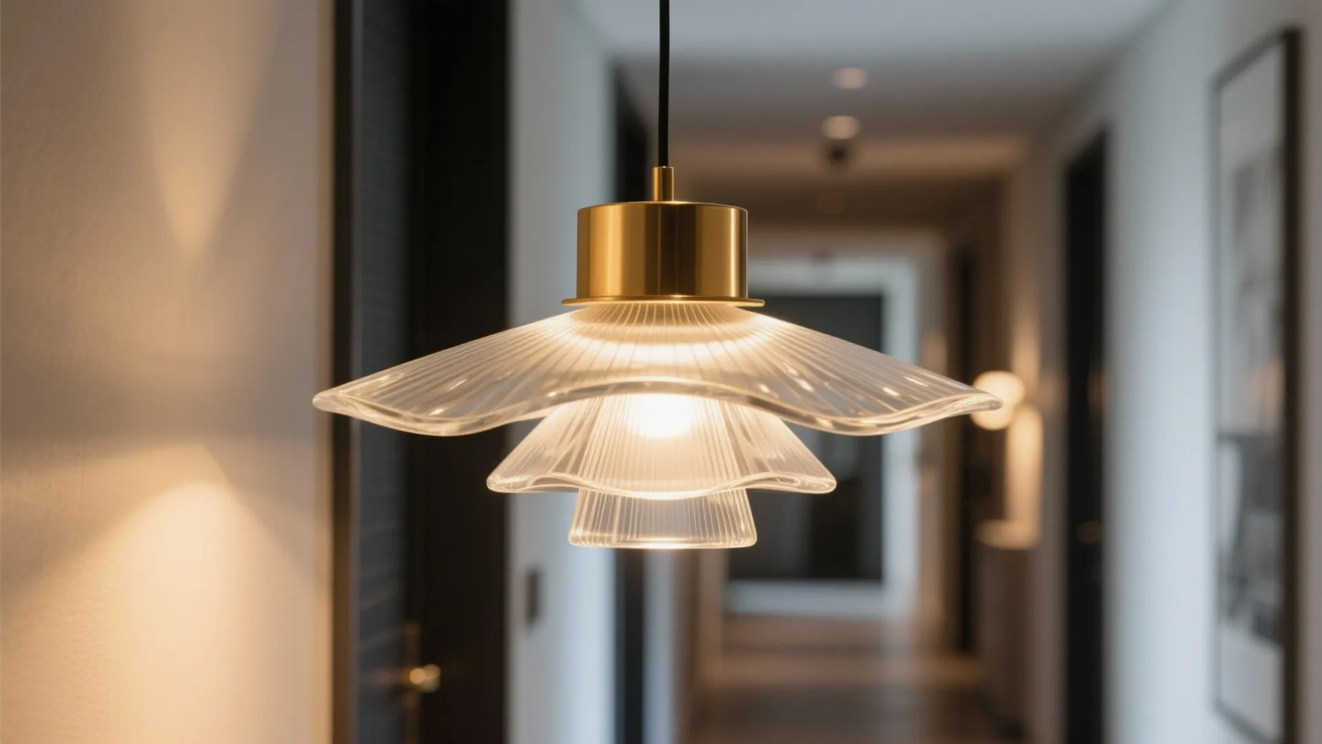 Modern gold ceiling light with pleated glass shade hanging in a long blurry white hallway