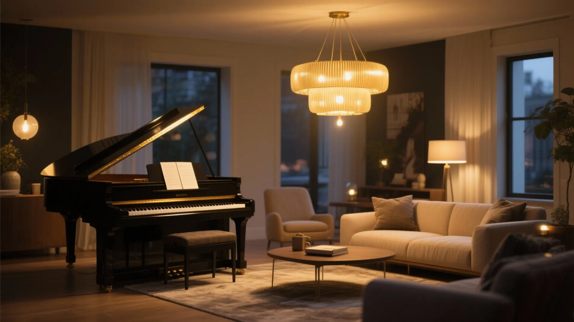 Grand piano in a cozy living room under a large tiered ceiling light with beige sofa