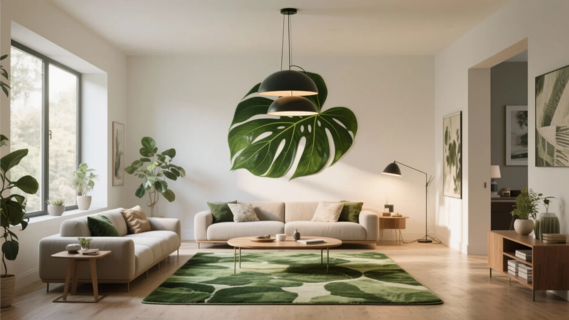 Modern bright living room with white walls and green leaf rug and black ceiling light