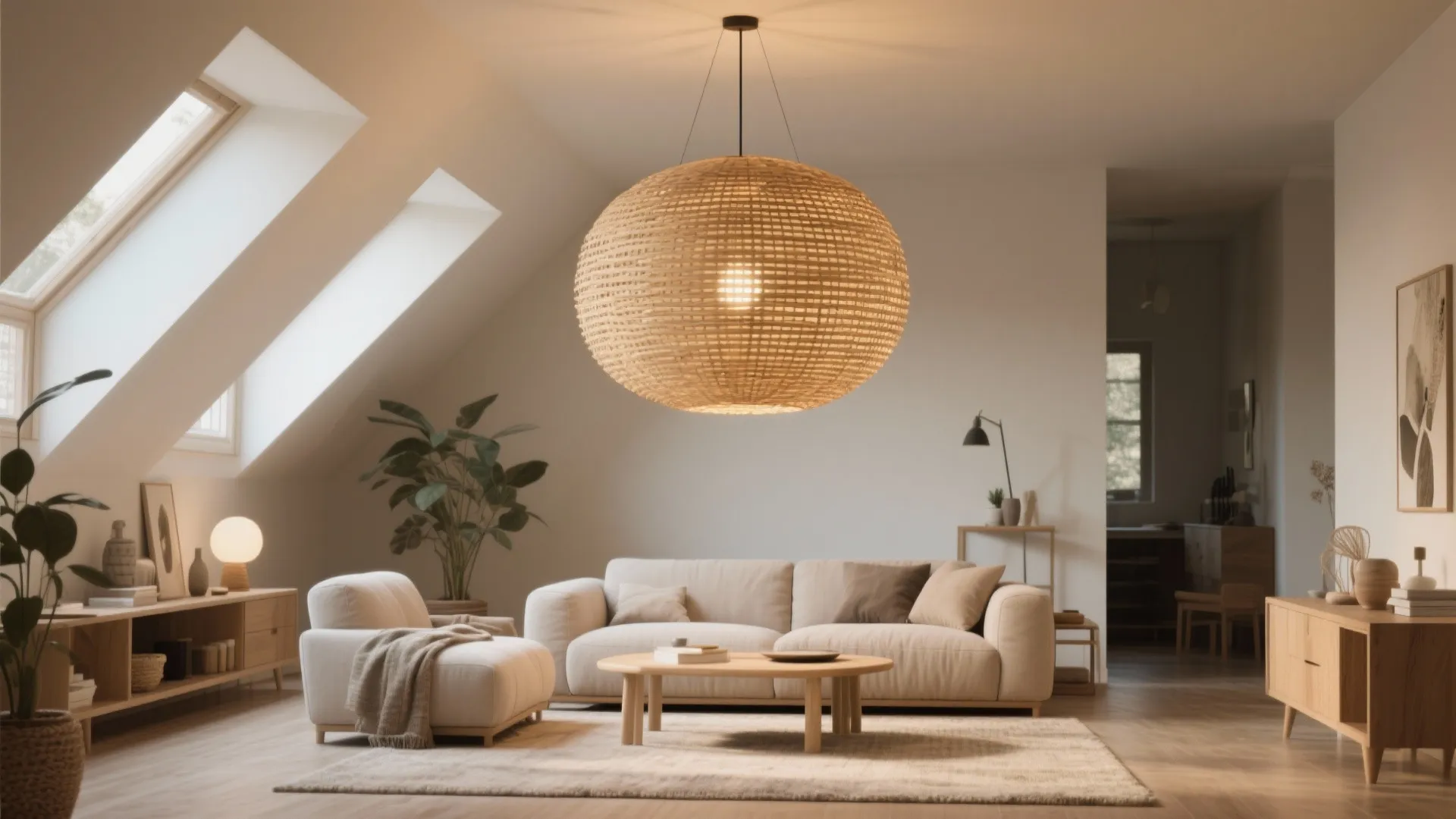 Living room with sloped ceiling roof windows cream sofa and large round woven ceiling light