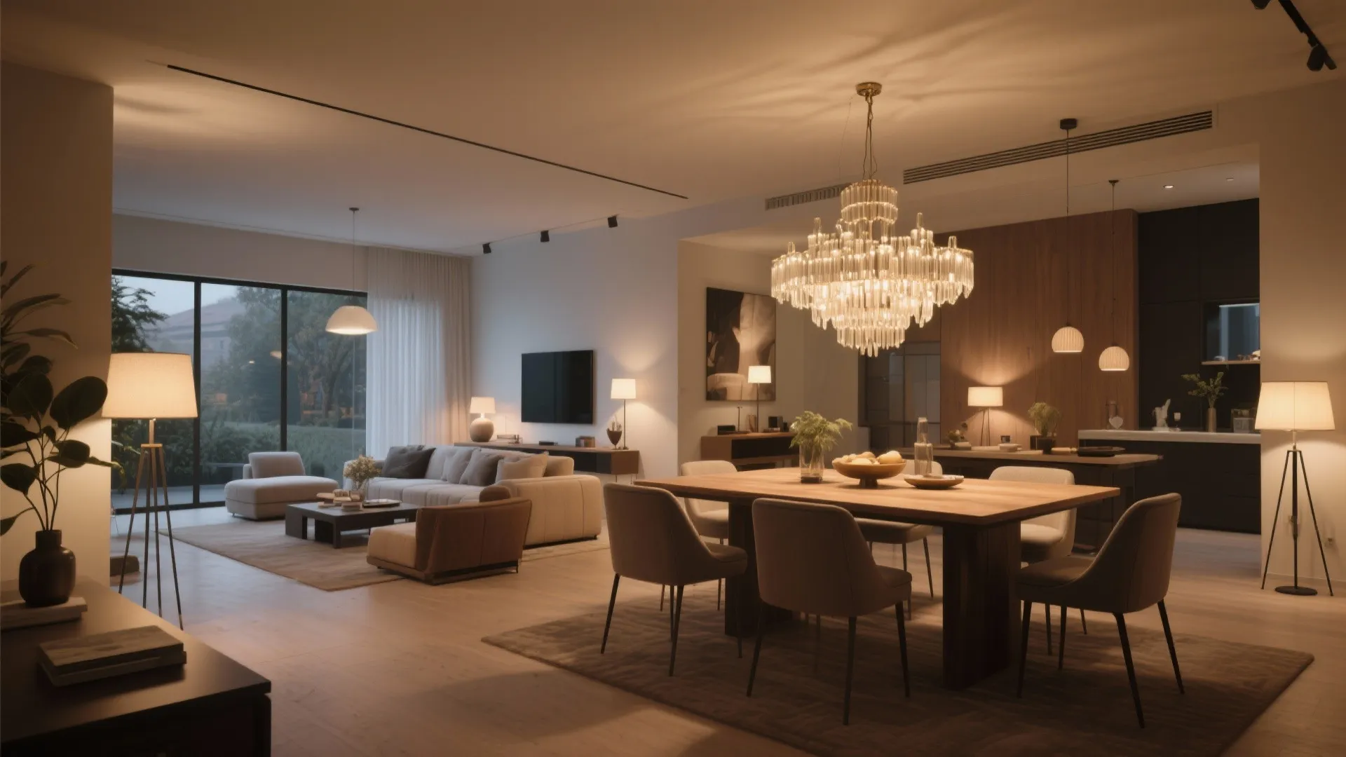 Large crystal ceiling light hanging over a wooden dining table in a warm modern house
