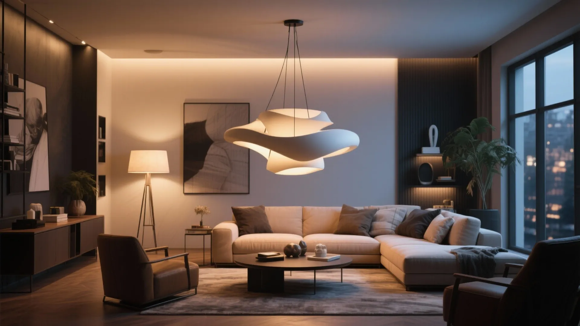 Modern living room featuring a large white ceiling light above a beige sofa and rug