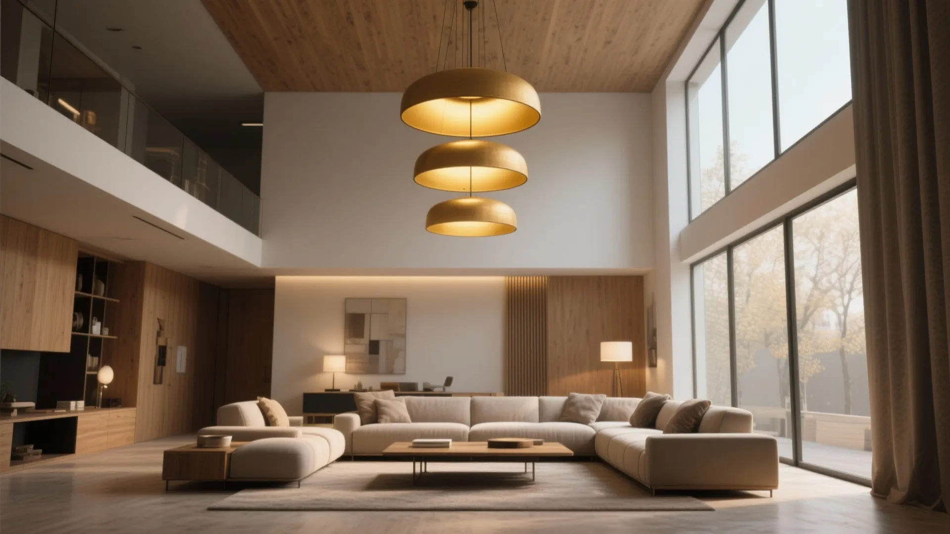 Luxury high ceiling living room with large beige sofa and three golden round ceiling light fixtures